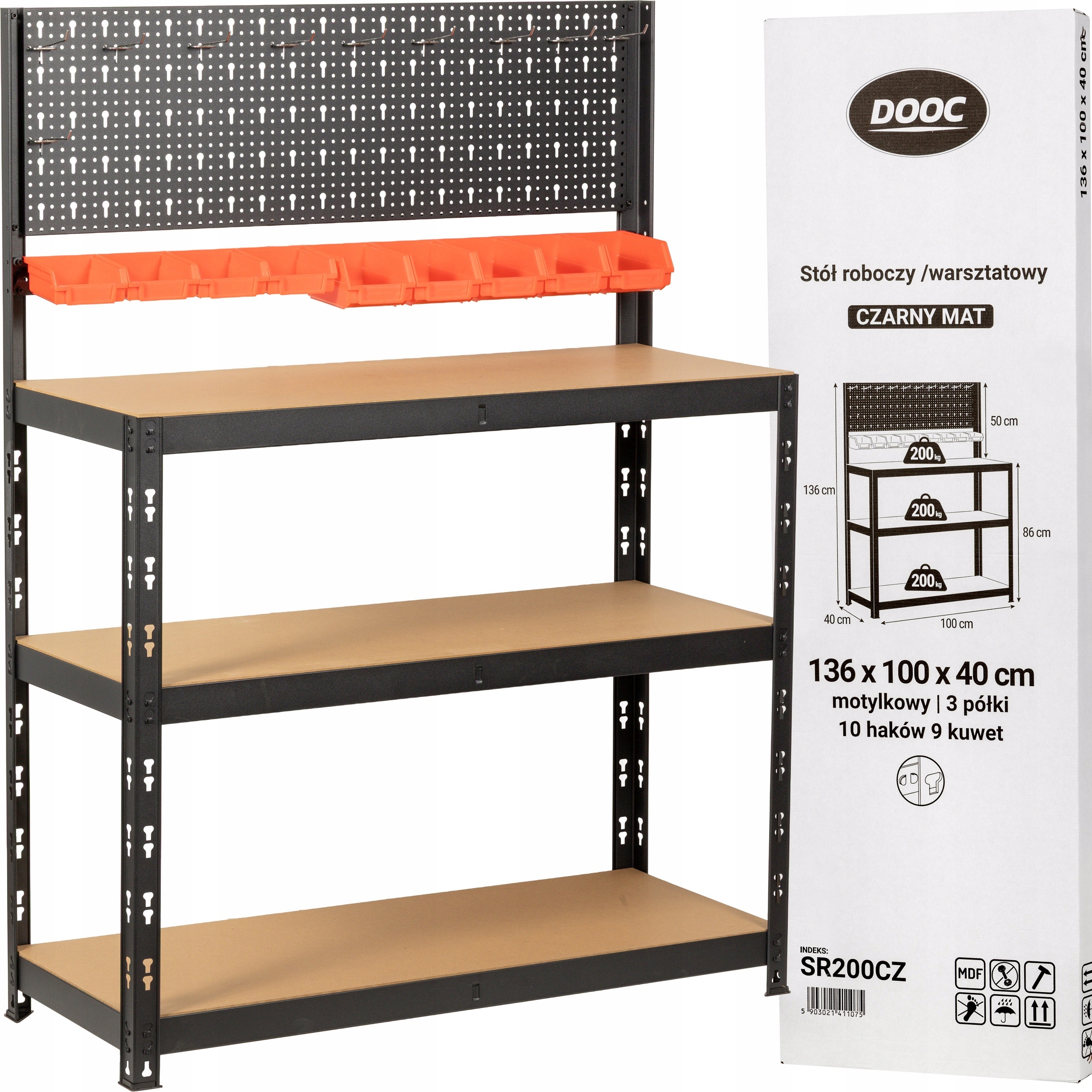 Pracovní stůl na nářadí, pracovní deska 200 kg, 9 kuvet, háky Dooc