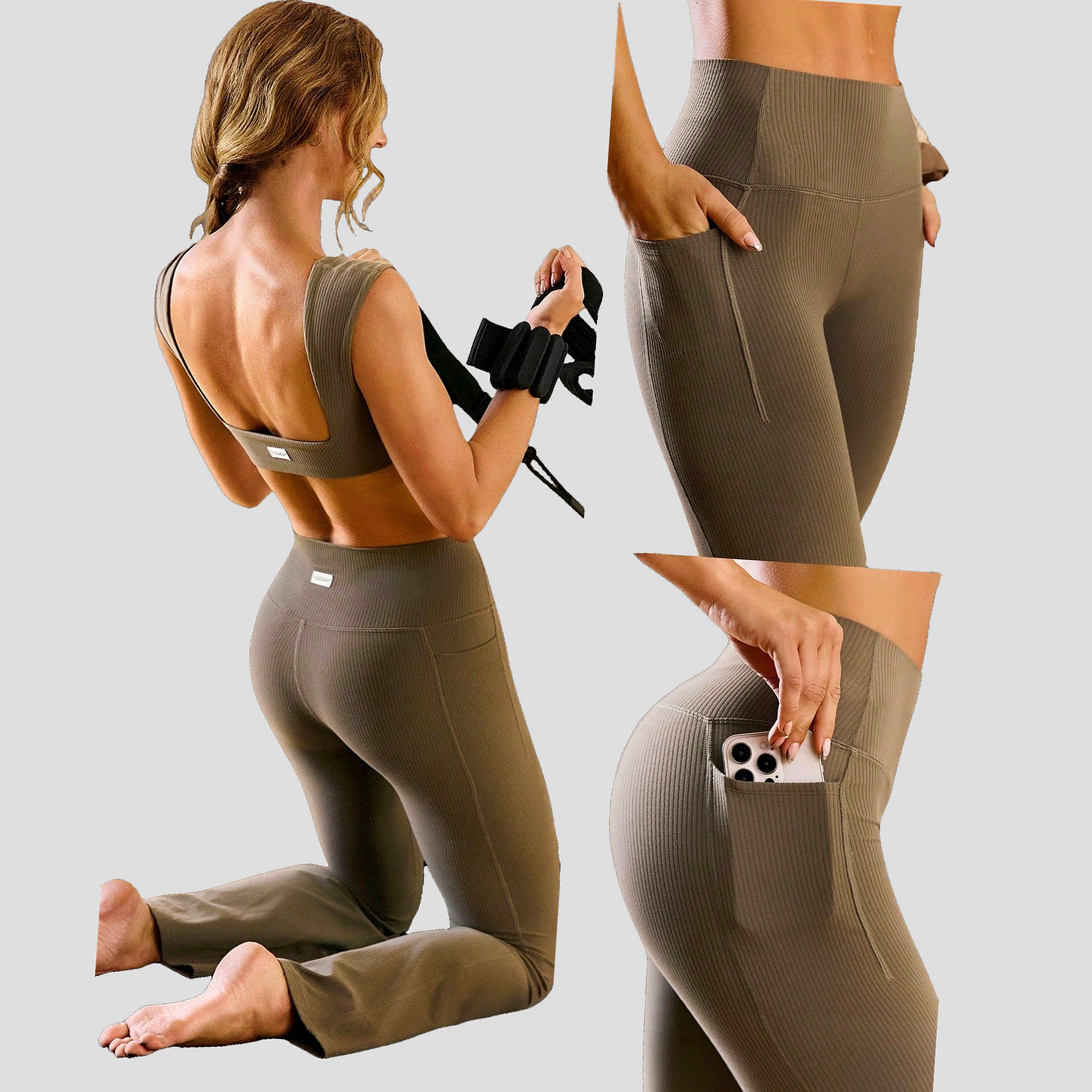 Legginsy Treningowe Dzwony Wysoki Stan Brązowe Z Kieszeniami Glowmode M 38