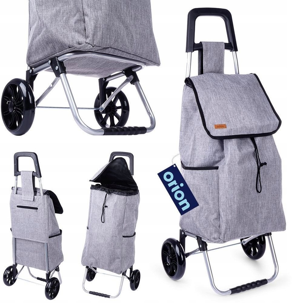 Nákupní vozík, šedá nákupní taška na kolečkách s držákem na nákupy