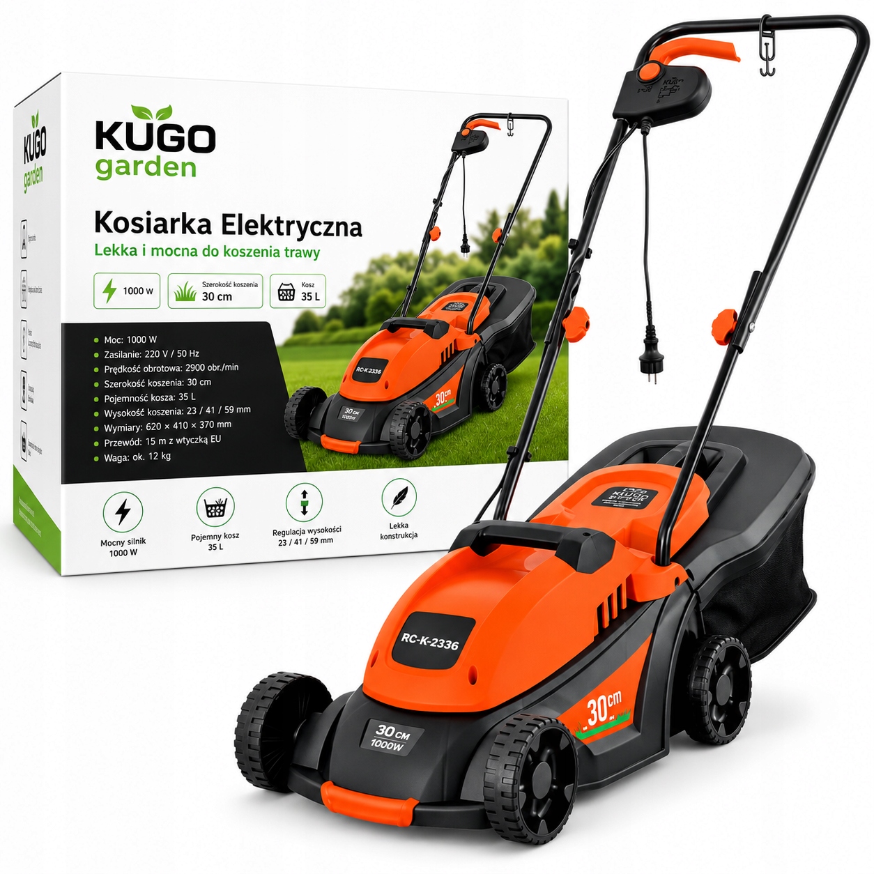 Elektrická kosačka ľahká, silná na kosenie trávy Veľký kôš 35 l 1000 W 30 cm