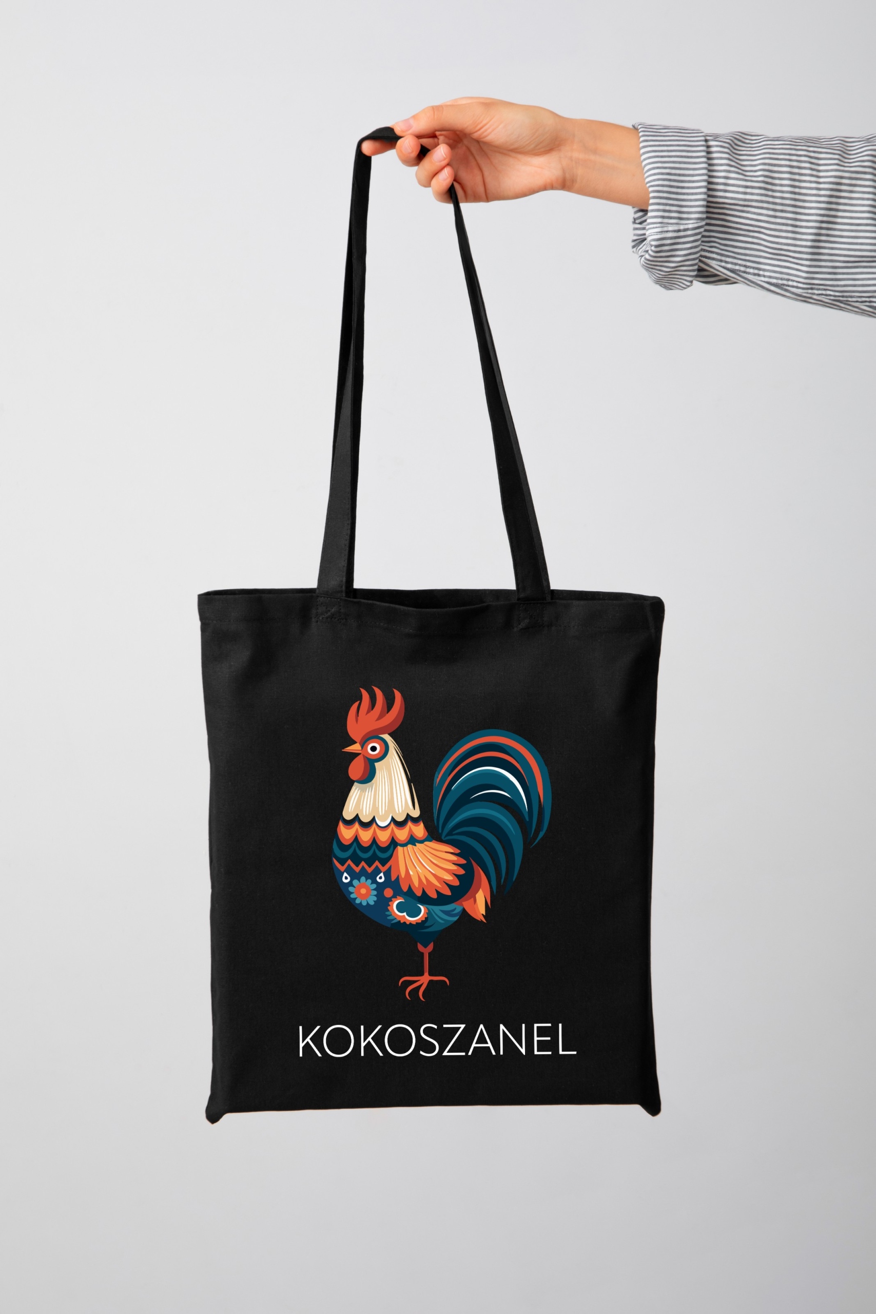 KOKOSZANEL TORBA MATERIAŁOWA ŚMIESZNA NA ZAKUPY BAWEŁNIANA CZARNA KOGUT A4 Marka Miłym Druczkiem