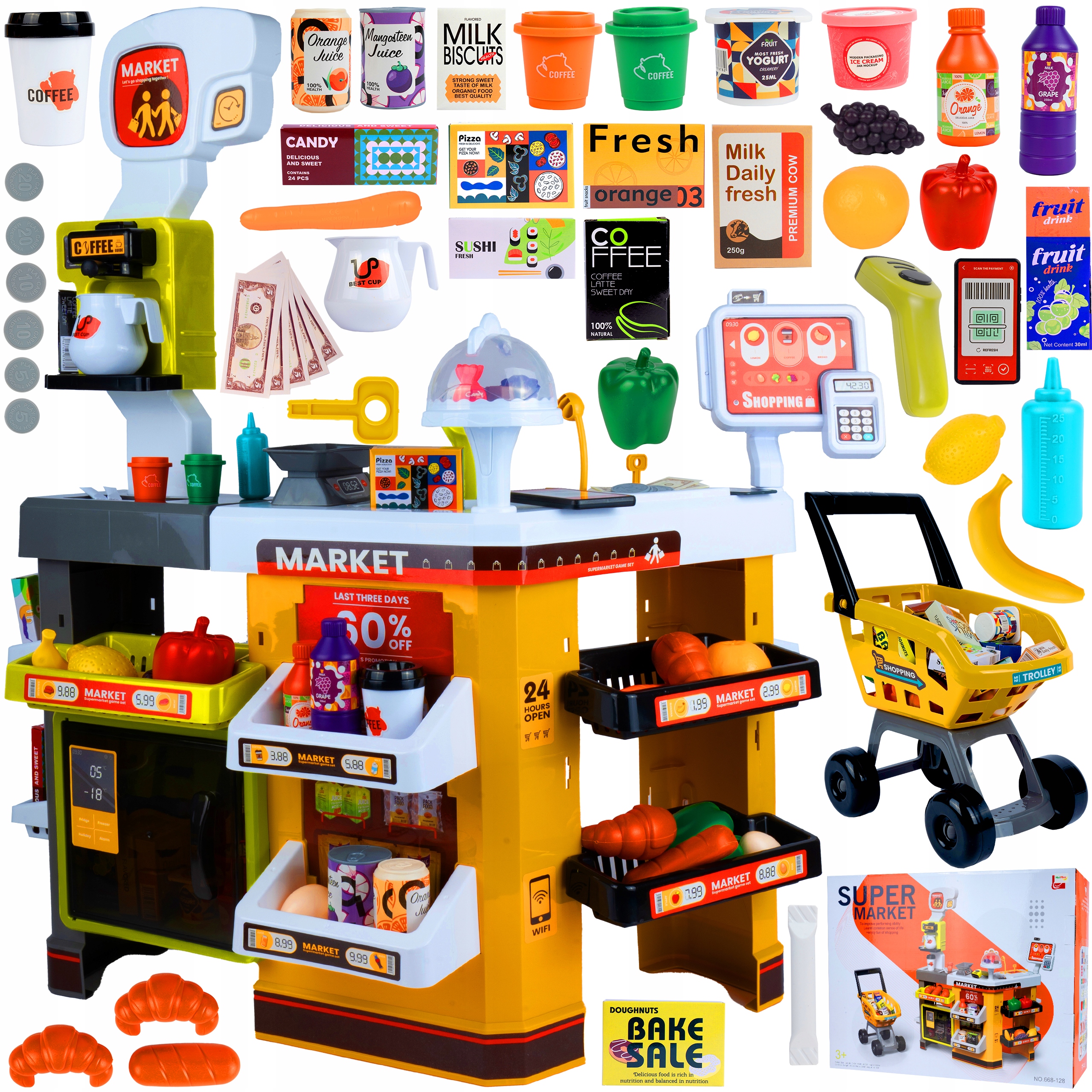 SUPERMARKET SKLEP SPOŻYWCZY ZESTAW 65 EL MAŁY SPRZEDAWCA STOISKO SKLEPOWE