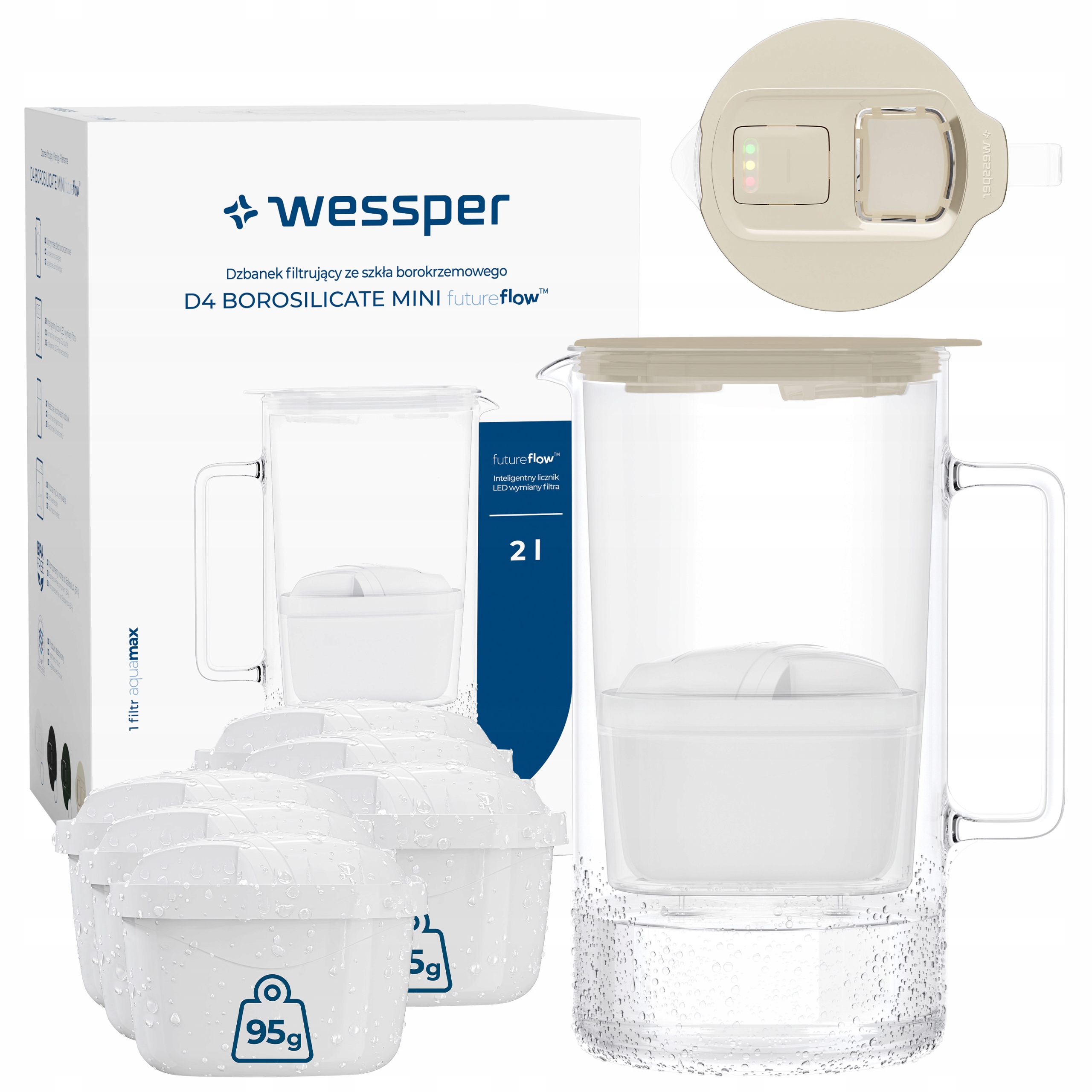 Skleněná filtrační konvice Wessper D4 Borosilicate Mini počítadlo 7x filtr