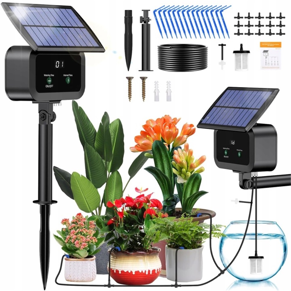 Automatické Solární Zavlažování 2200 Mah 15 Rostlin 10 M Hadice Černá