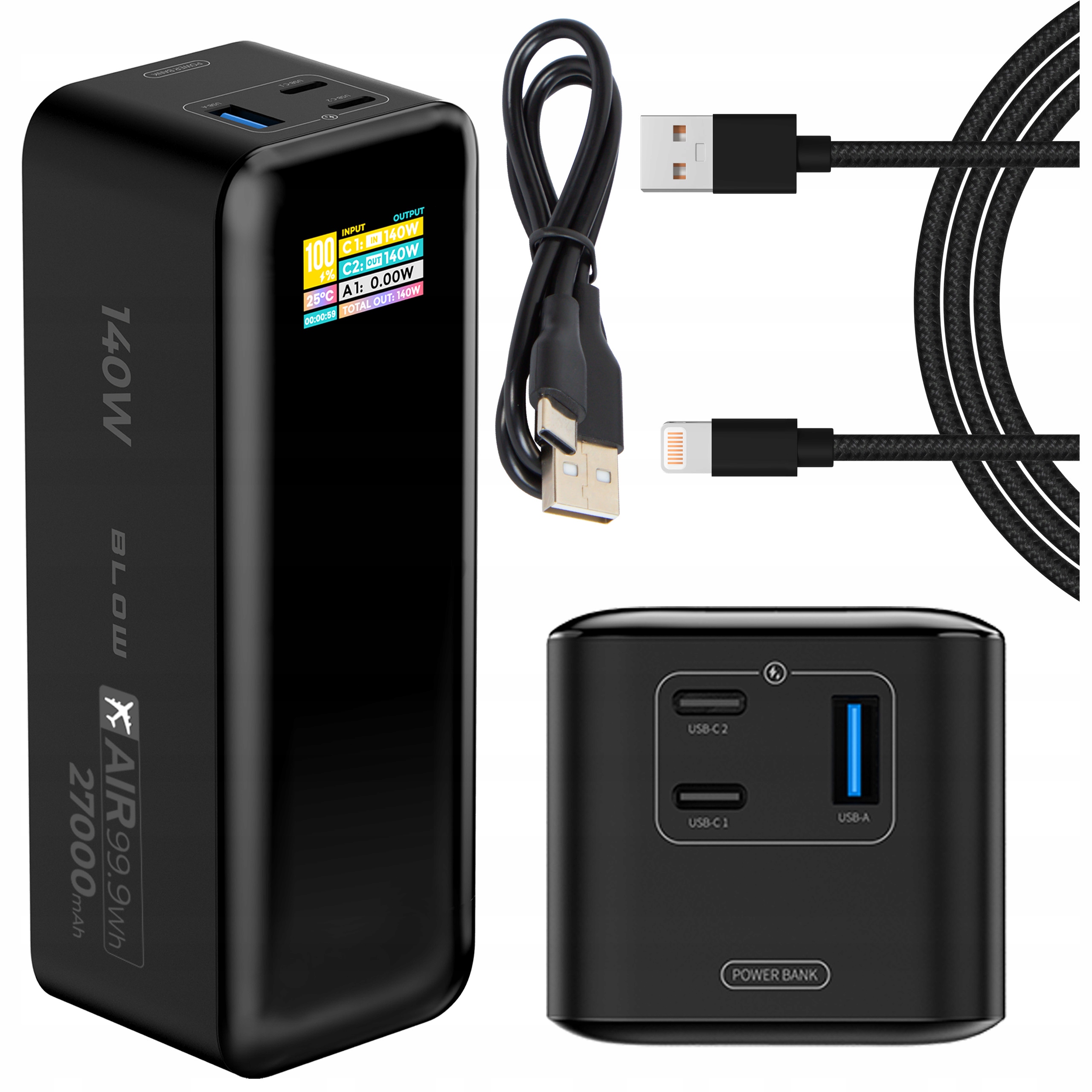Powerbank 27000 mAh 140W Qc Pd Usb-c LCD Power Bank Sada Kabelov Lightning