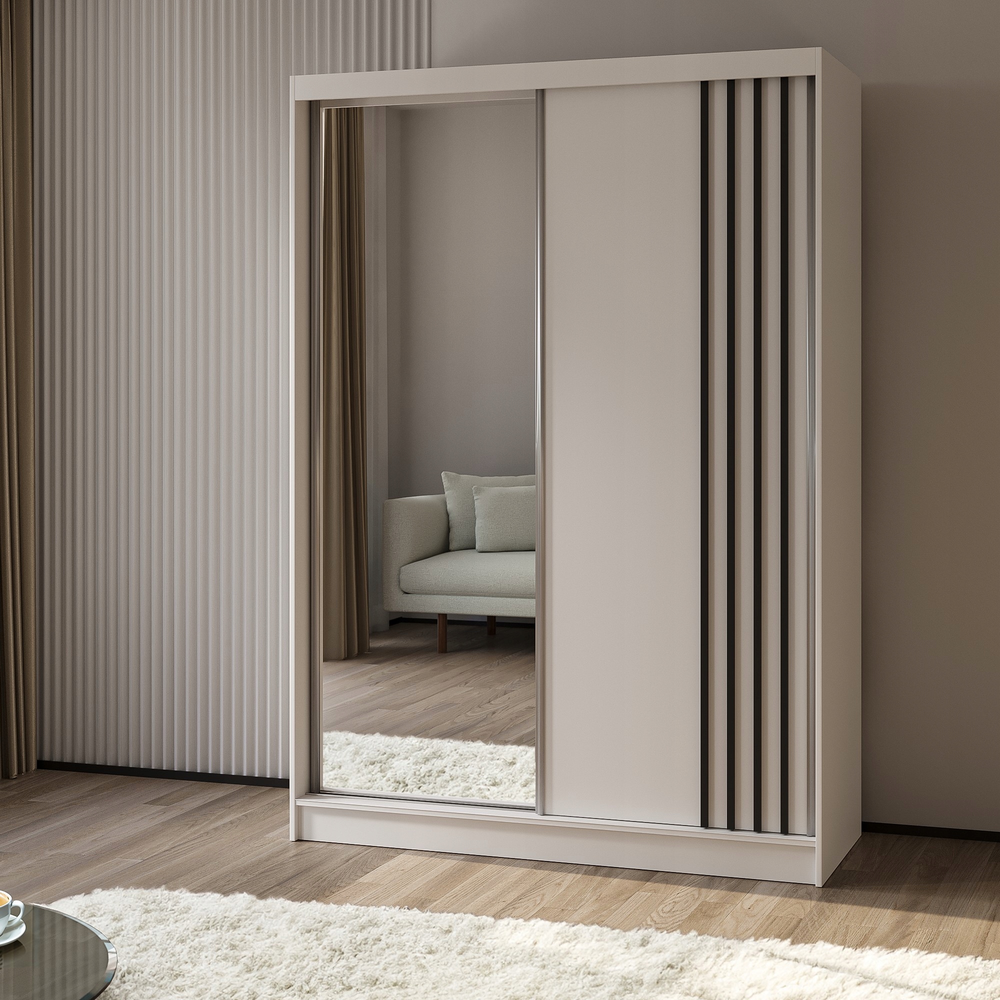 Skříň Nelvia 150 cm Skříň se zrcadlem Posuvná bílá