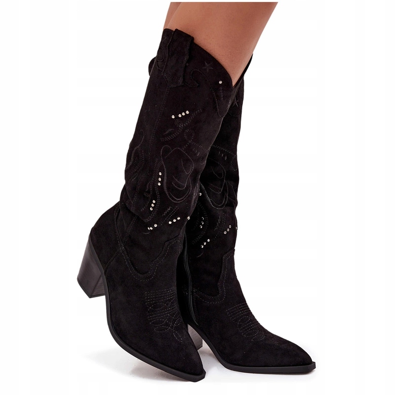 Kozačky Kovbojské Boty Eko Semišové Na Podpatku S Zasouvacím Prošíváním Černé 38