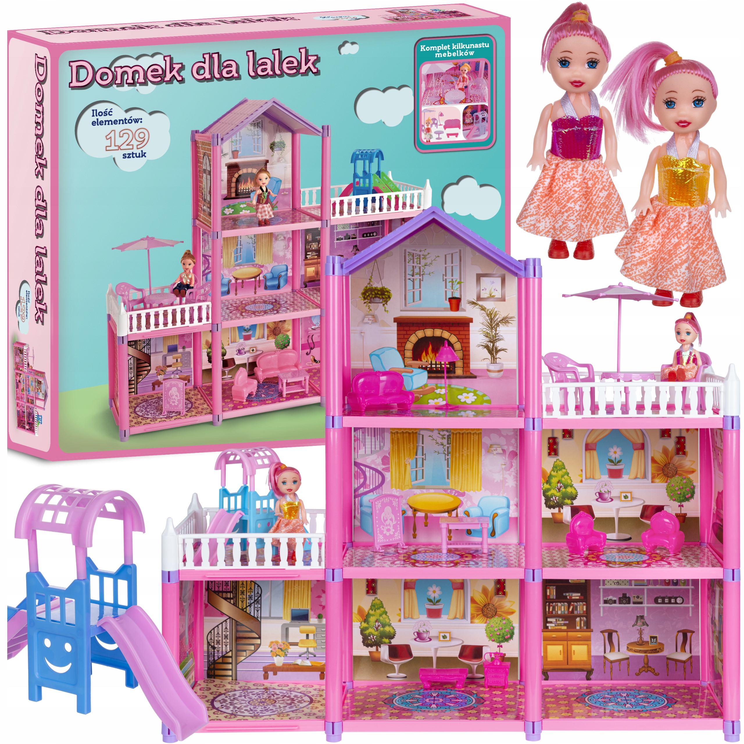 

Domek Dla Lalek 2 Lalki Meble 129 Elementów Duży