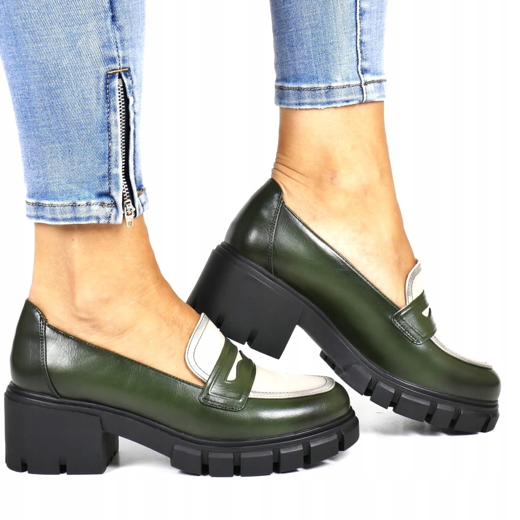 PÓŁBUTY DAMSKIE MOKASYNY PLATFORMA GRUBA PODESZWA LORDSY ZIELONE POTOCKI Rozmiar 38
