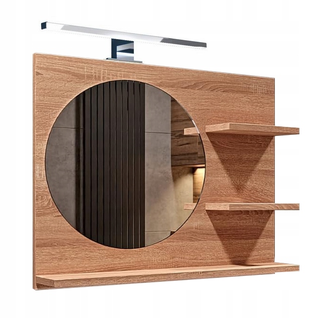 Zrcadlo kulaté, dub sonoma, s policemi, pravé Led