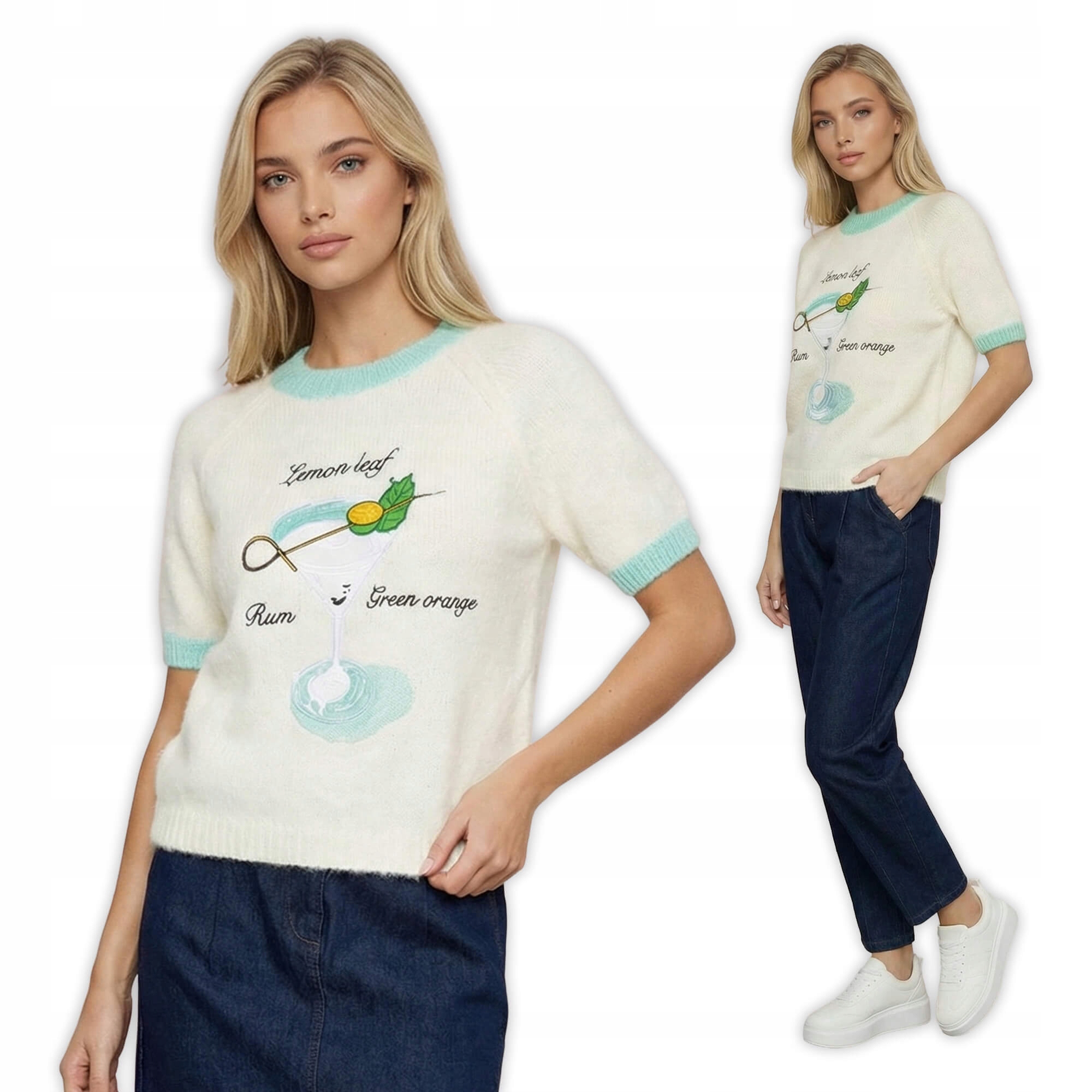 Dámský svetr s krátkým rukávem a aplikací na přední straně Ecru S/l