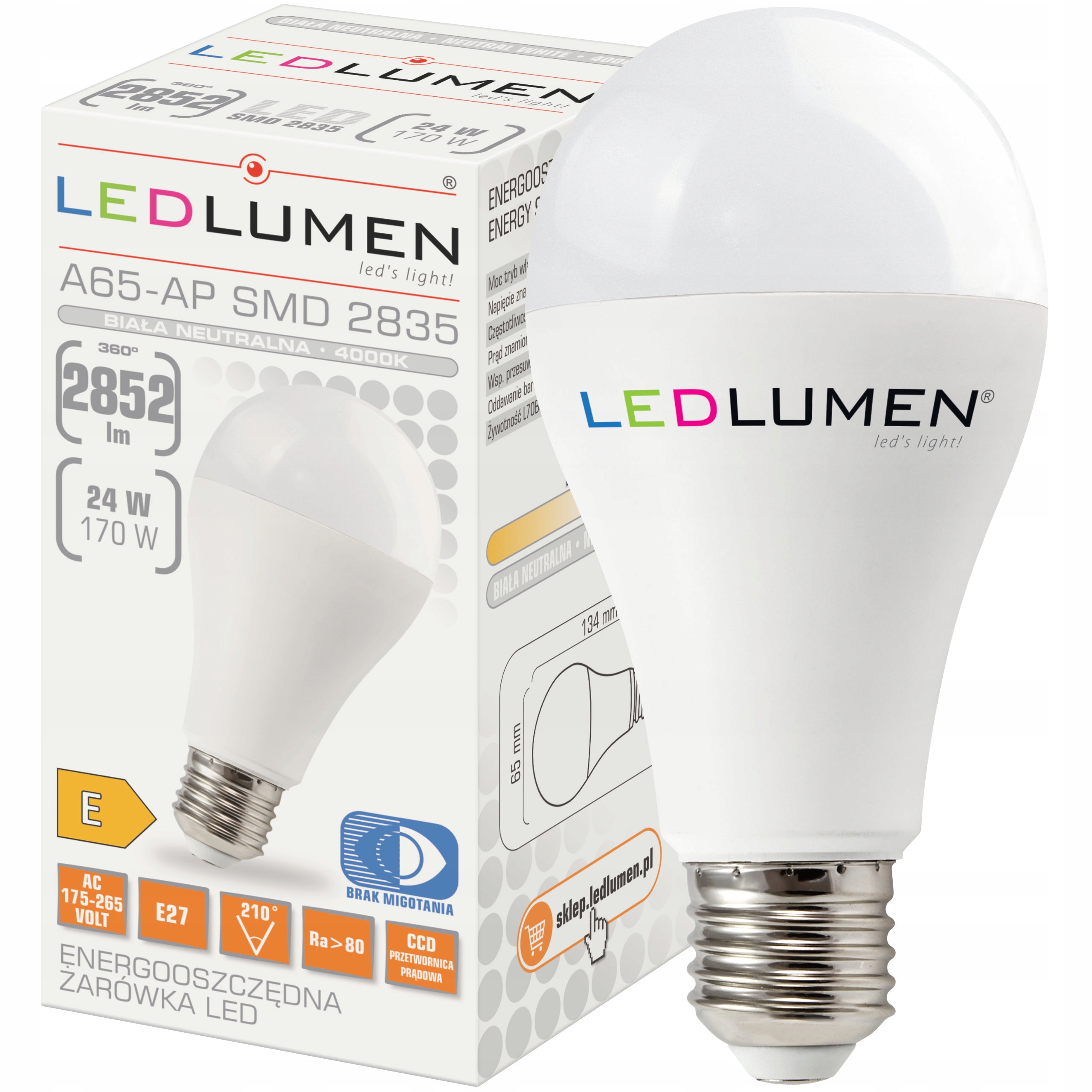 

Żarówka Led E27 A65 24W=170W 2852lm CCD Neutralna