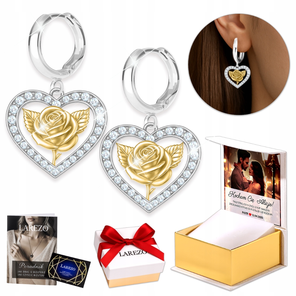 Stříbrné Náušnice 925 Srdíčka s růžemi Dámské kroužky Růže Srdíčka Zirkony