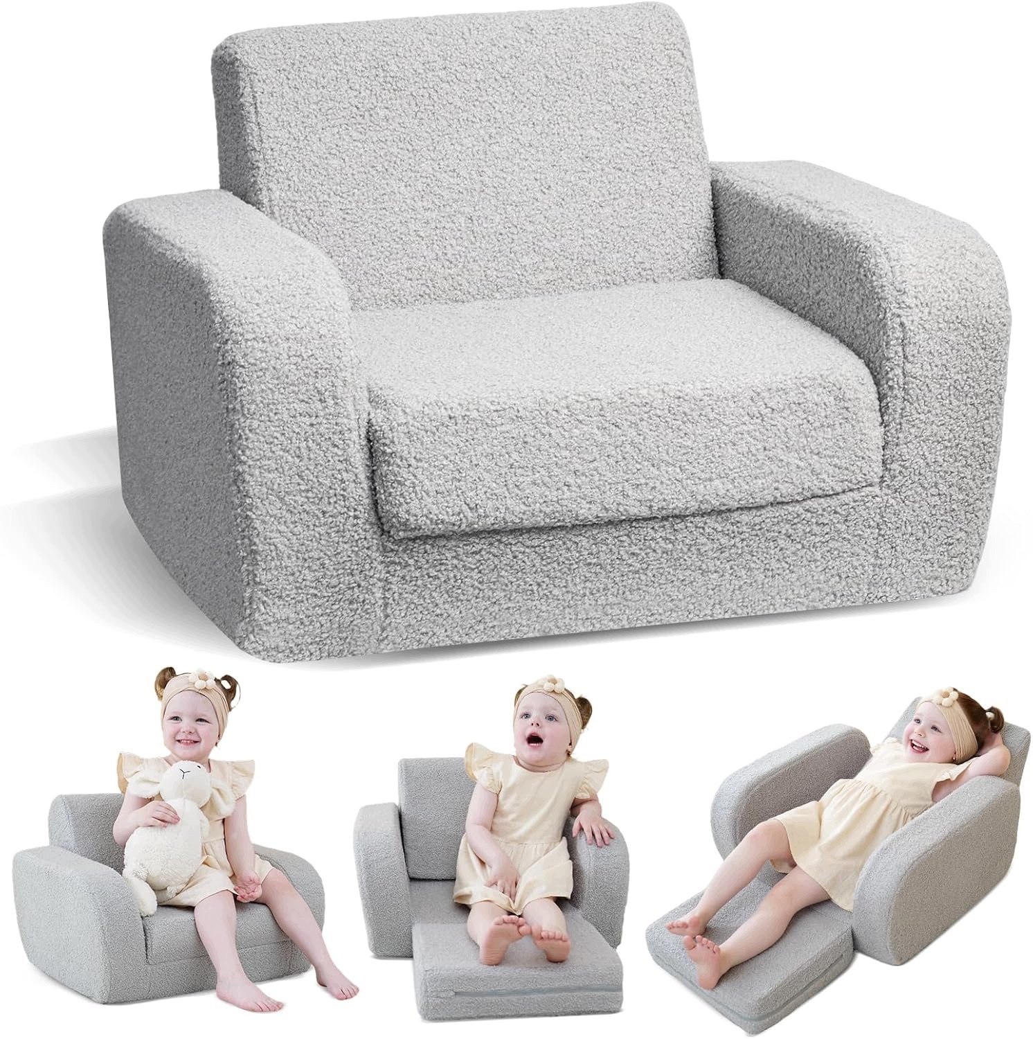 KidBloom 3 w 1 Sofa dla Dzieci Składany Fotelik Pluszowy Mały Szary