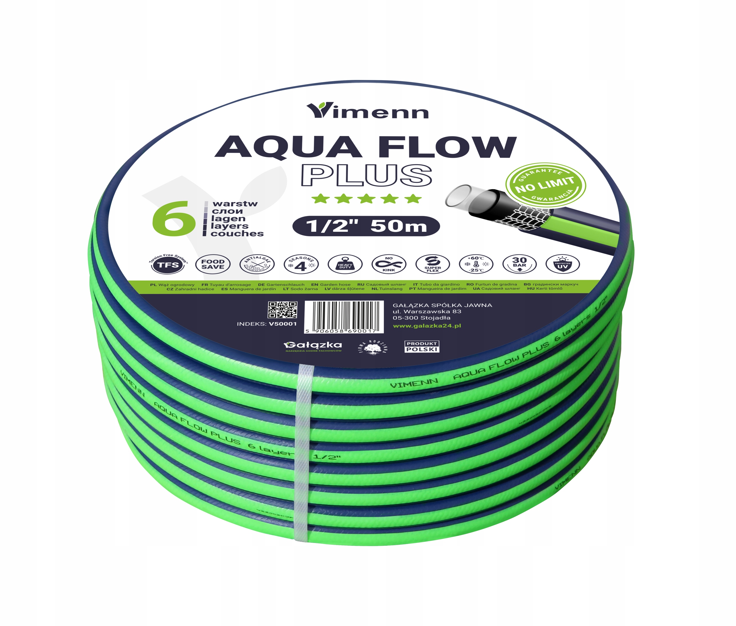 Wąż Ogrodowy Vimenn 6 Warstw 1/2" 50m Aqua Flow Plus Polski