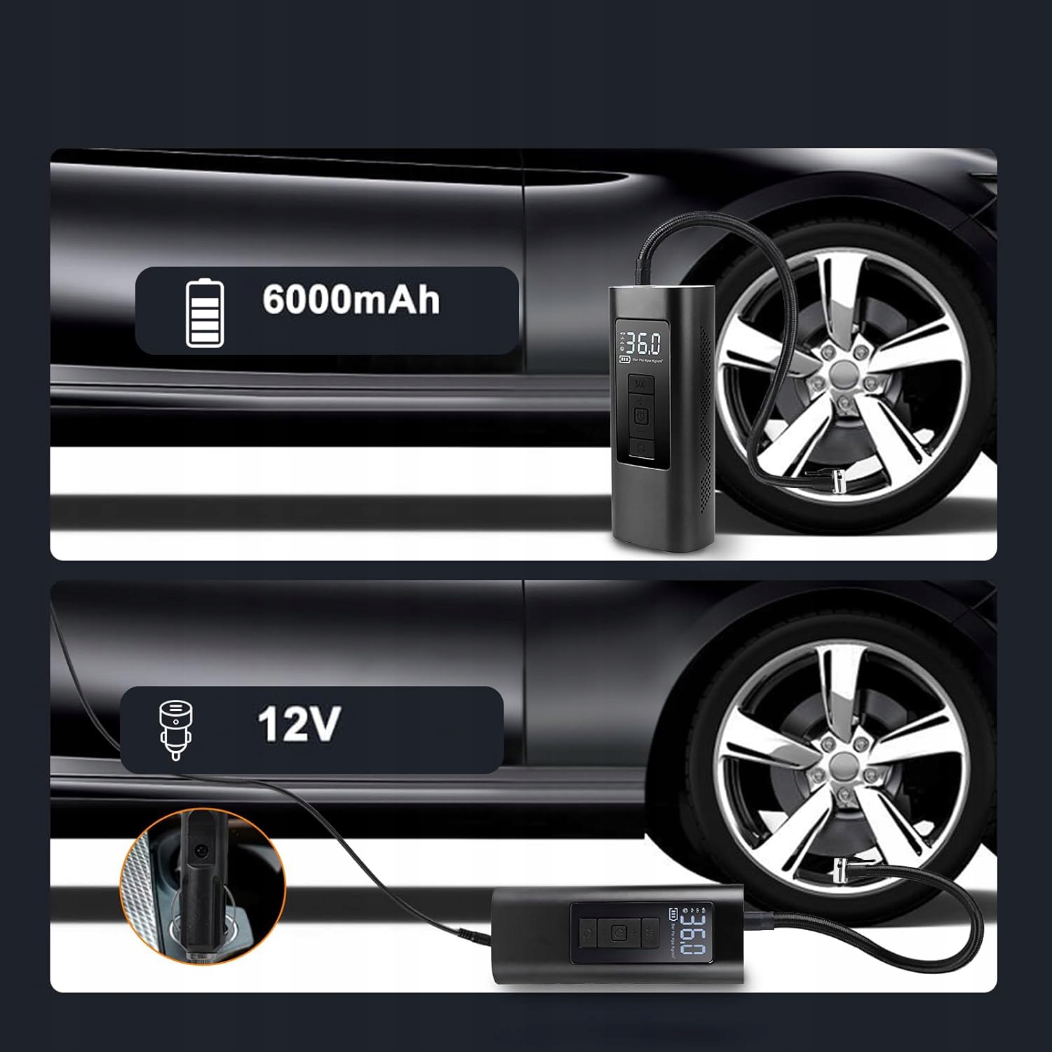 BEZPRZEWODOWA POMPKA ELEKTRYCZNA SAMOCHODOWA ROWEROWA KOMPRESOR 12V Waga 785 g