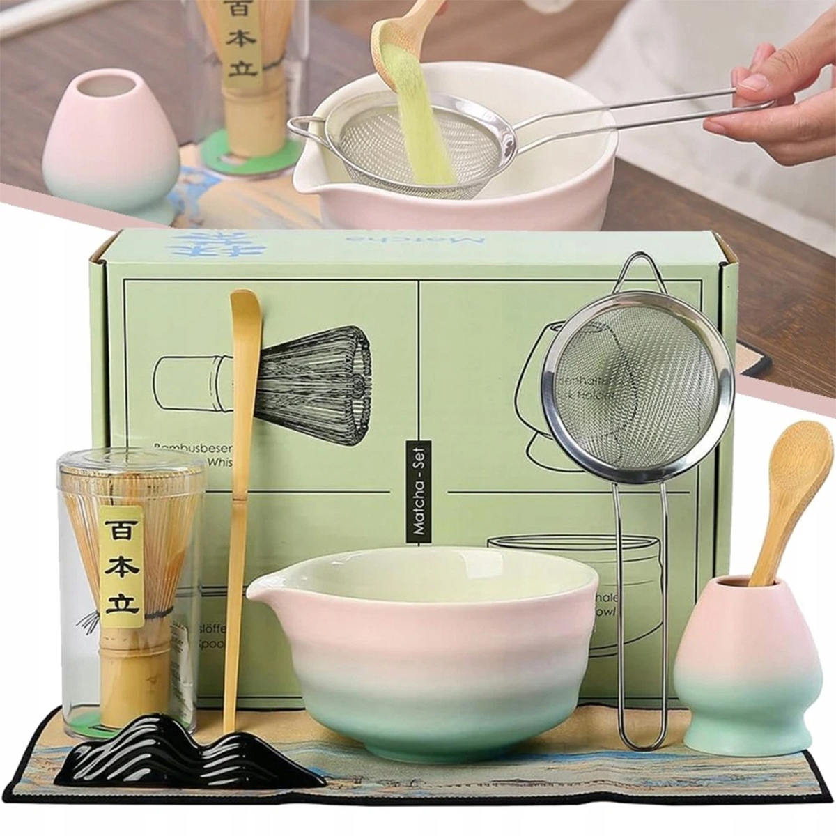 Levně Bambusový Dárková Sada Na Čaj Matchy Chashaku Šlehací Metla Lžíce 8EL