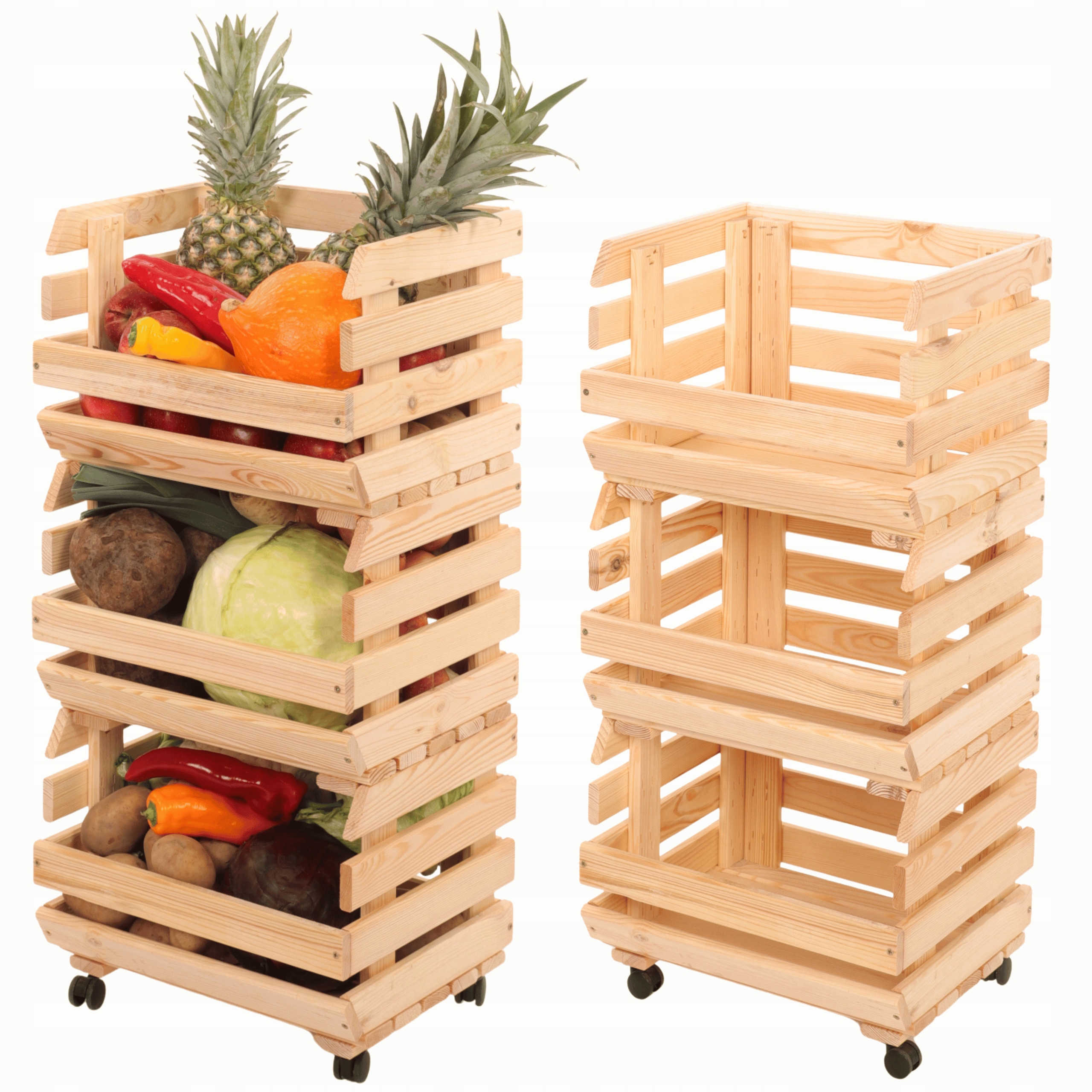 Regál na zeleninu dřevěný stojan na boxy na kolečkách 3 boxy 81x40x30