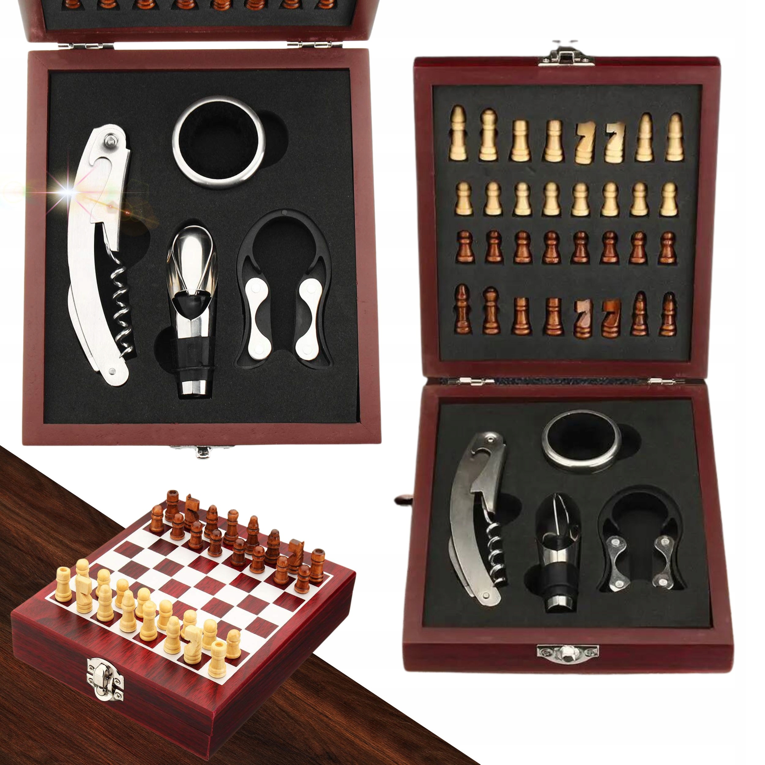 Elegantní Set Na Víno Dřevěné Šachy Hra Dárek Krabička Vývrtka