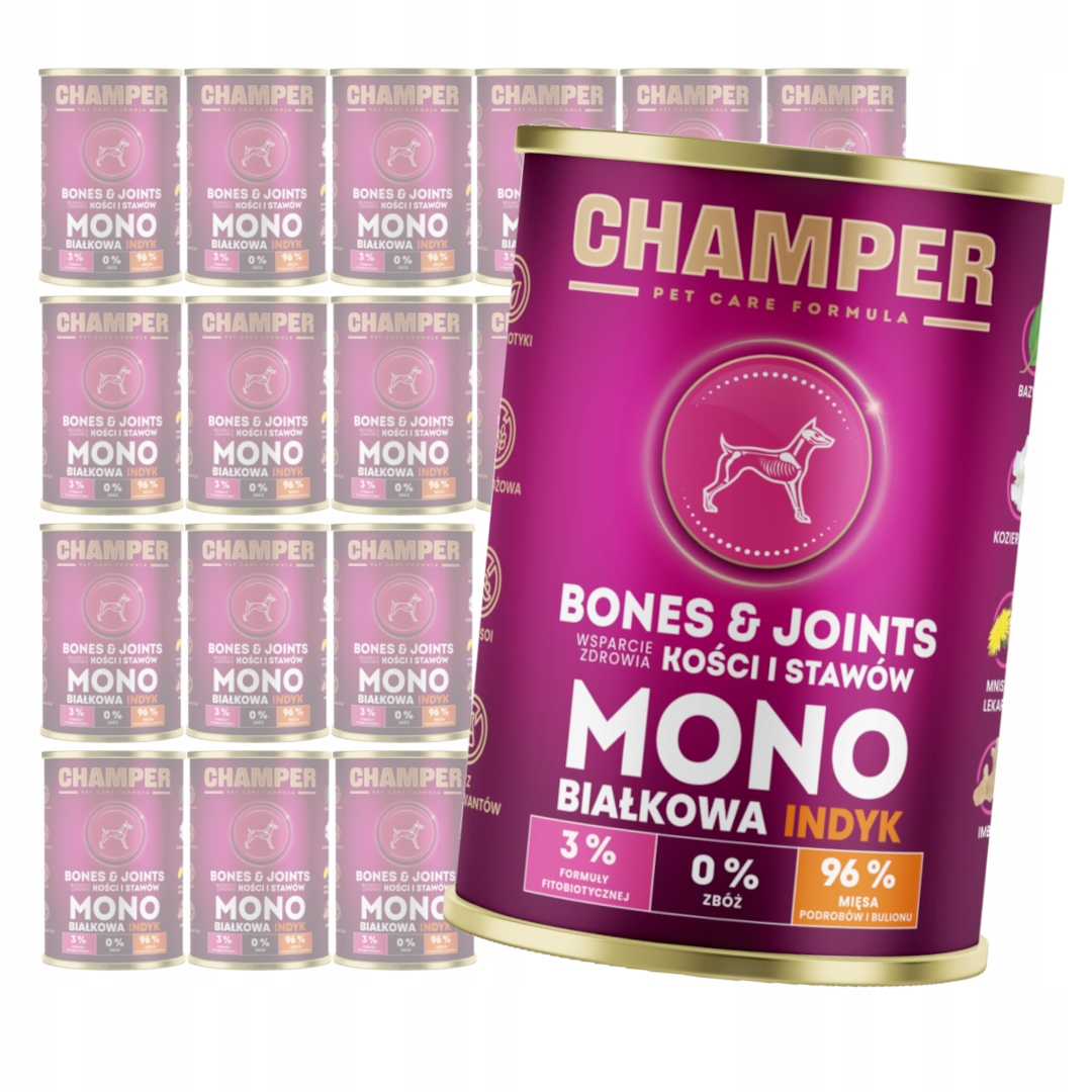 Champer Bones &amp; Joints 24x400g Monoproteinové Vlhké Krmivo pro psy s krůtím masem