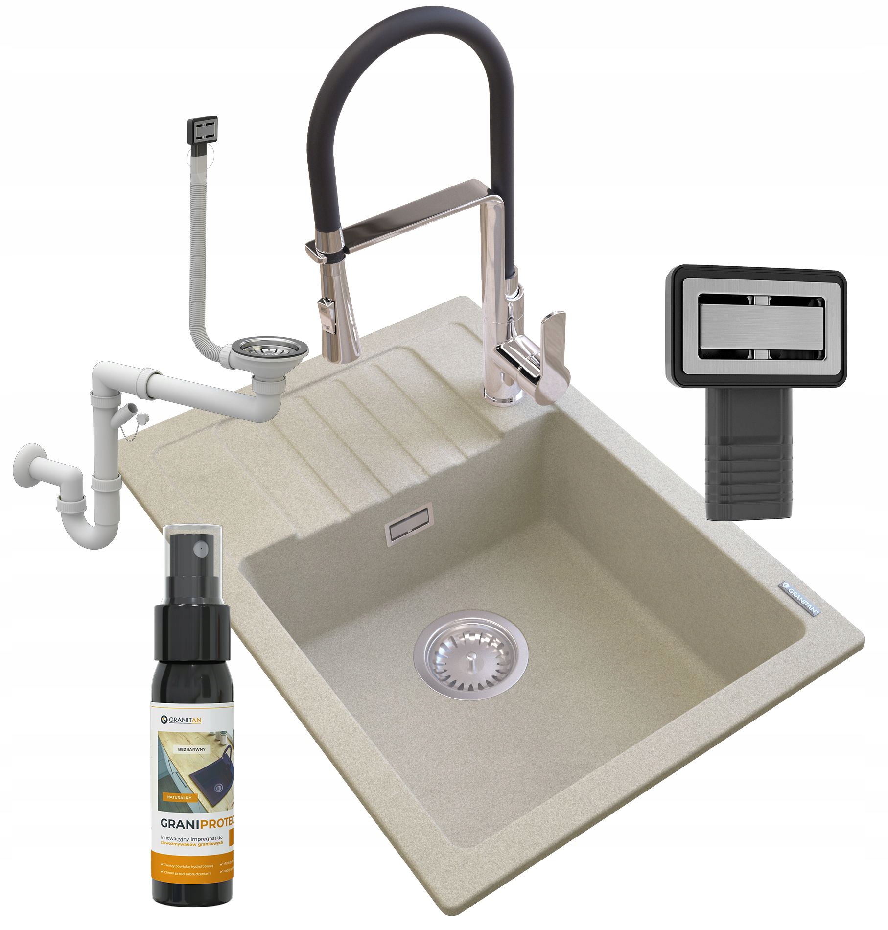 ZLEW GRANITOWY BEŻOWY ARGOS + KRAN VEGAS + SYFON