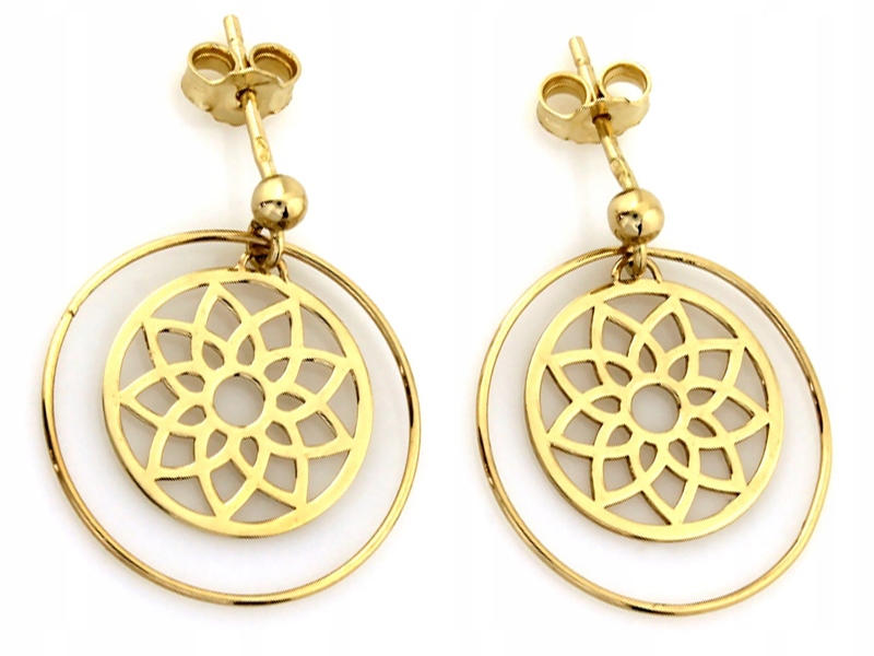 

Złote wiszące kolczyki 585 ringi z kwiatem sztyft