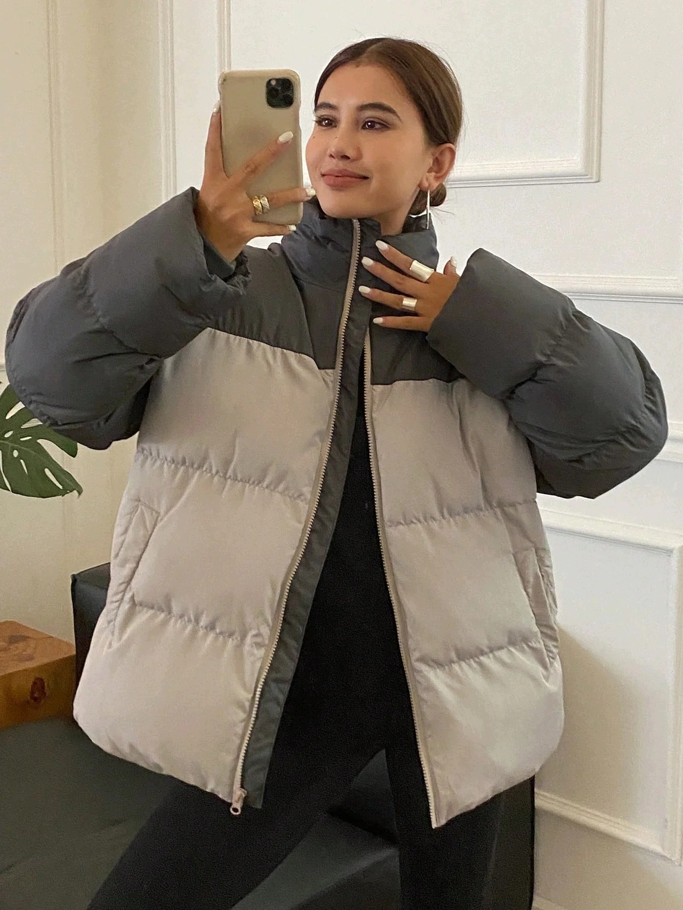 Dámská Péřová Bunda Oversize Dvoubarevná Zimní Na Zip Dazy M 38