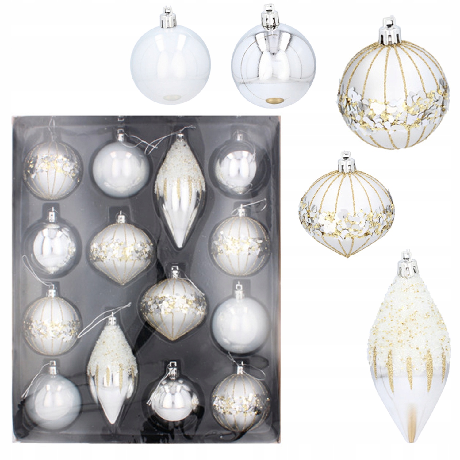 Zestaw ozdób choinkowych srebrne kpl. 14 szt. mix wzorów