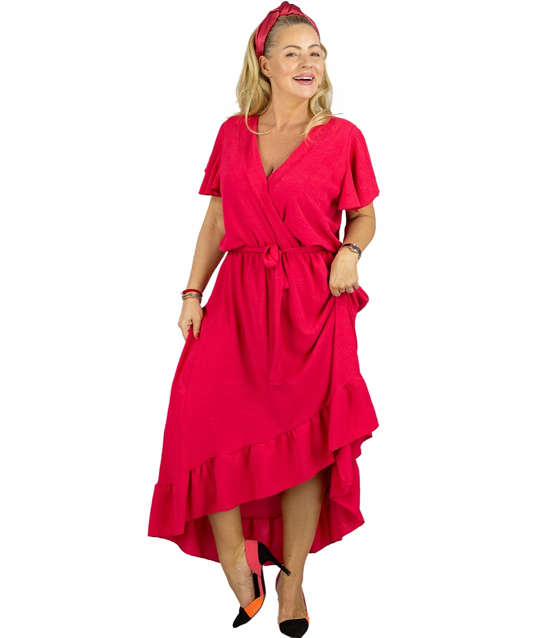 Dlouhá šaty s volánky – vzdušná, obálková, vázaná XL/2XL