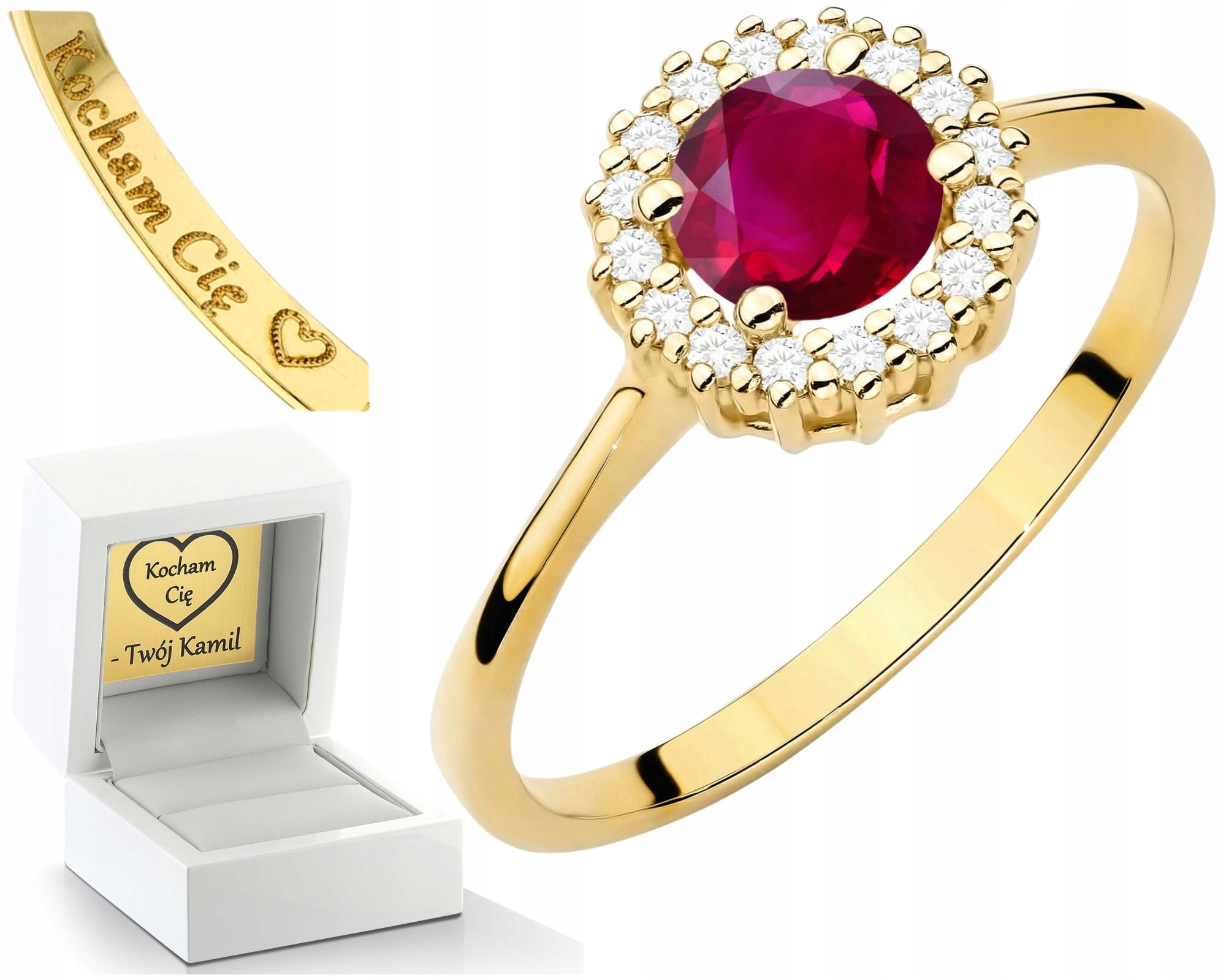 Zlatý Prsten S Gravírování Rubín A Diamanty Prstýnek , Dárek Bonus