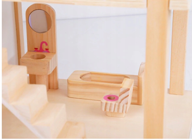 DOMEK DLA LALEK DREWNIANY DUŻY MEBLE RÓŻOWY Wysokość produktu 55 cm