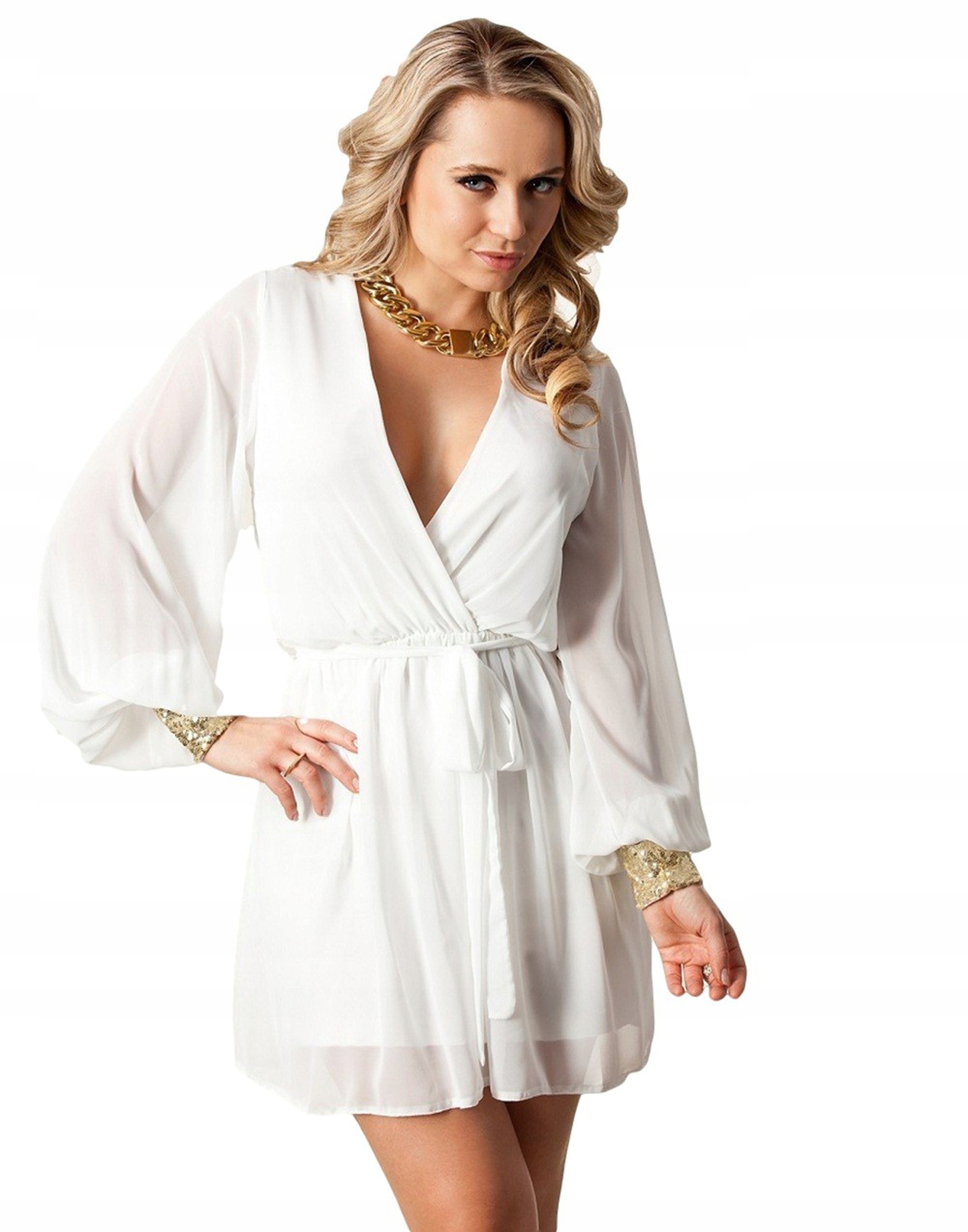 

John Zack biała sukienka szyfon z cekinami S