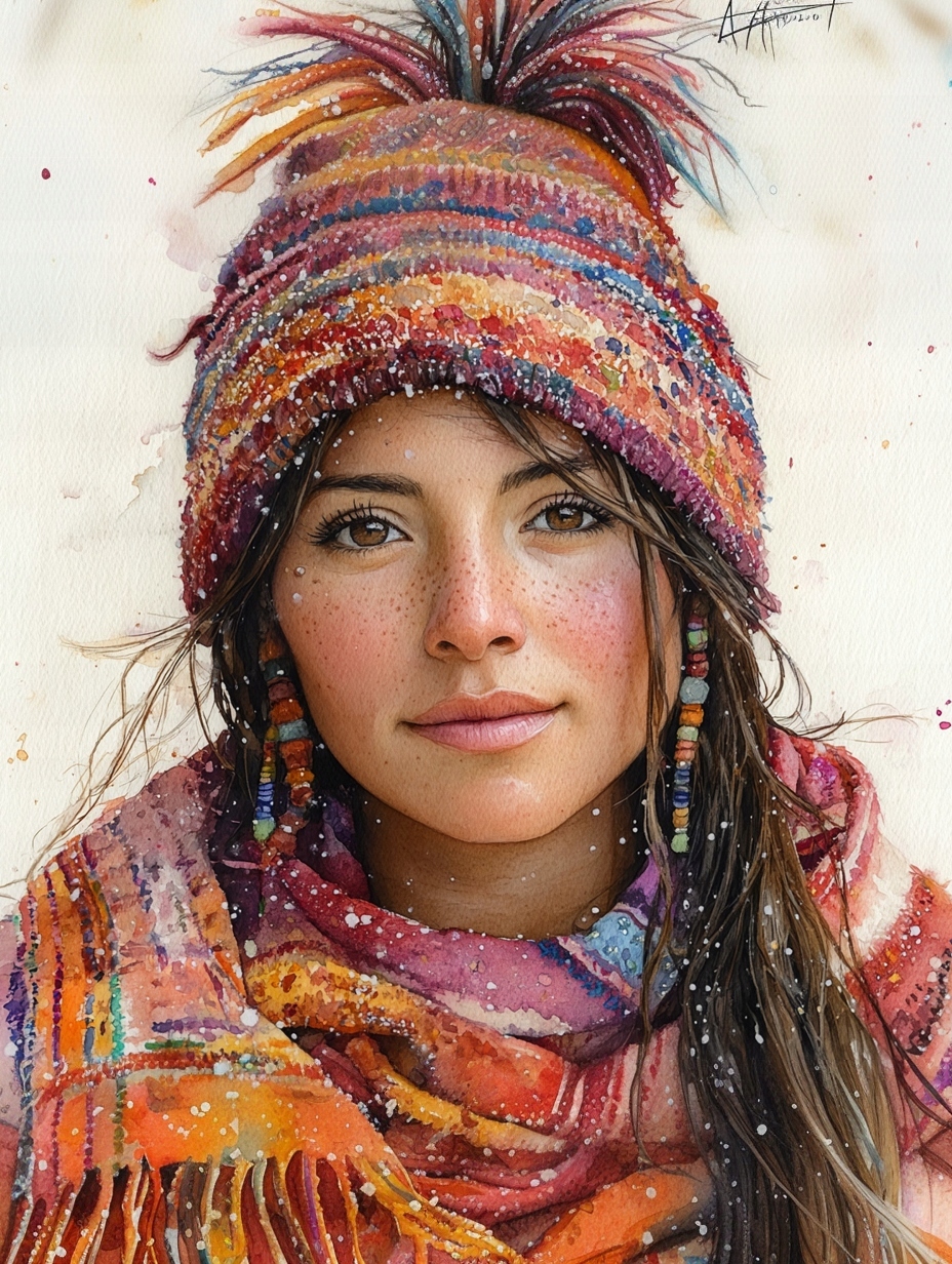 Obraz Na Plátně Canvas Portrét Boho Žena Akvarel Zima Sníh 60x80