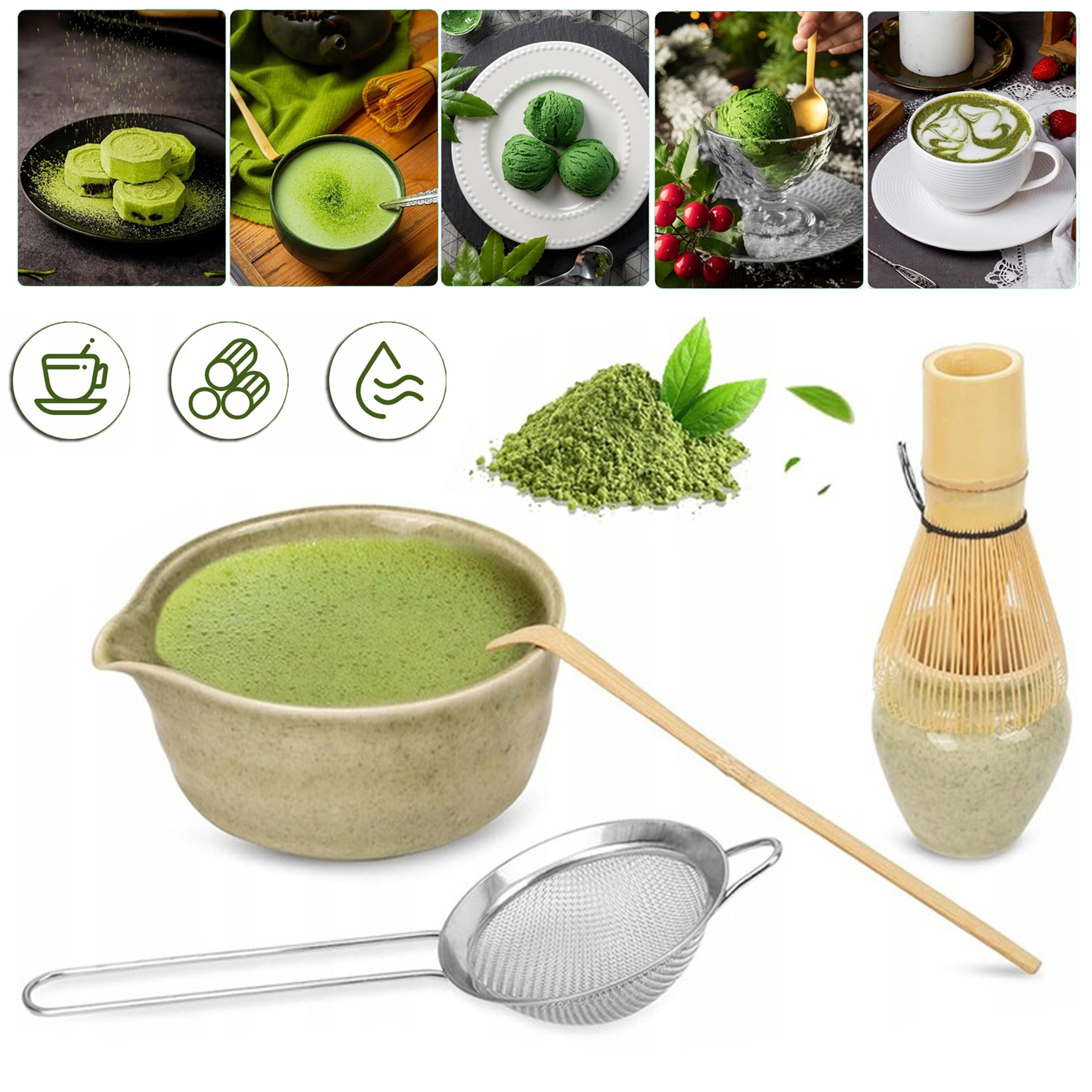 Sada 5 Kusů Na Čaj Matcha Bambus Šlehací Metla Sítko Držák Na Metlu