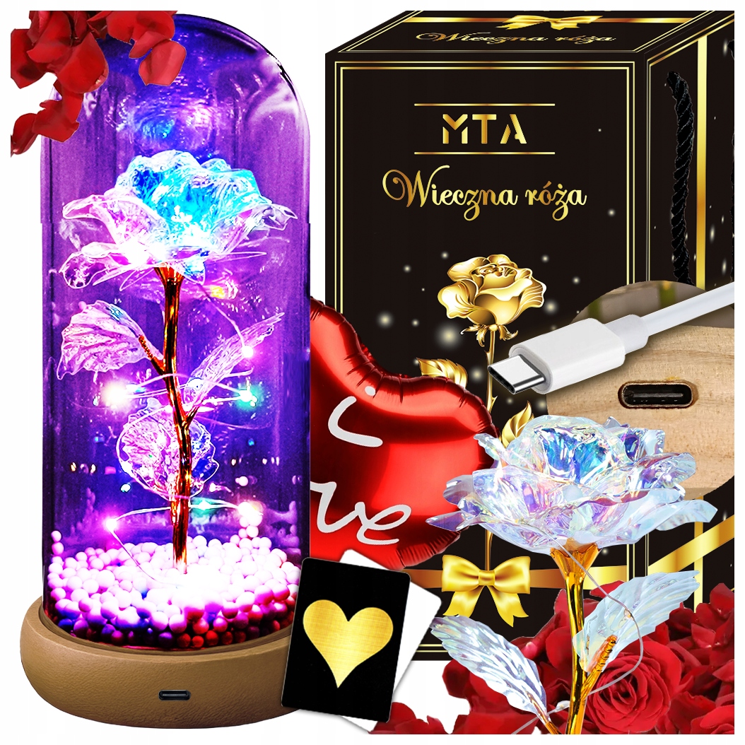WIECZNA RÓŻA W SZKLE LED ŚWIECĄCA+KABEL USB WYJĄTKOWY PREZENT DZIEŃ BABCI