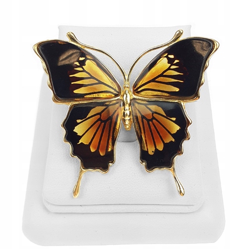 Zlatá Brož motýlek přívěsek Stříbro 925 pozlacený s gravírovaným Jantarem