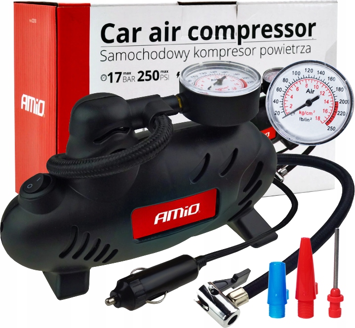 Kompresor samochodowy 12V 250 PSI pompka do kół sprężarka + adaptery AMIO