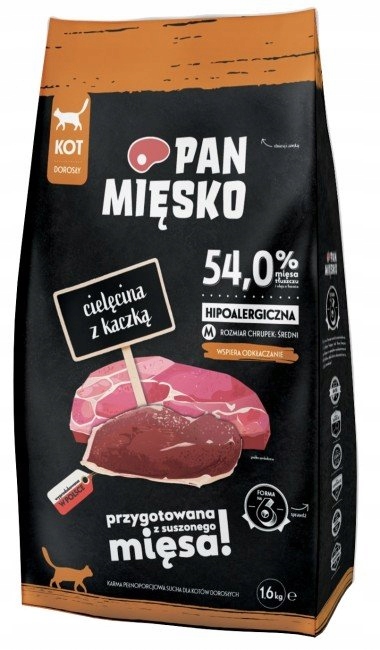 Levně Pan Mięsko Suché Krmivo pro kočky telecí a kachní křupavé M 1,6 kg