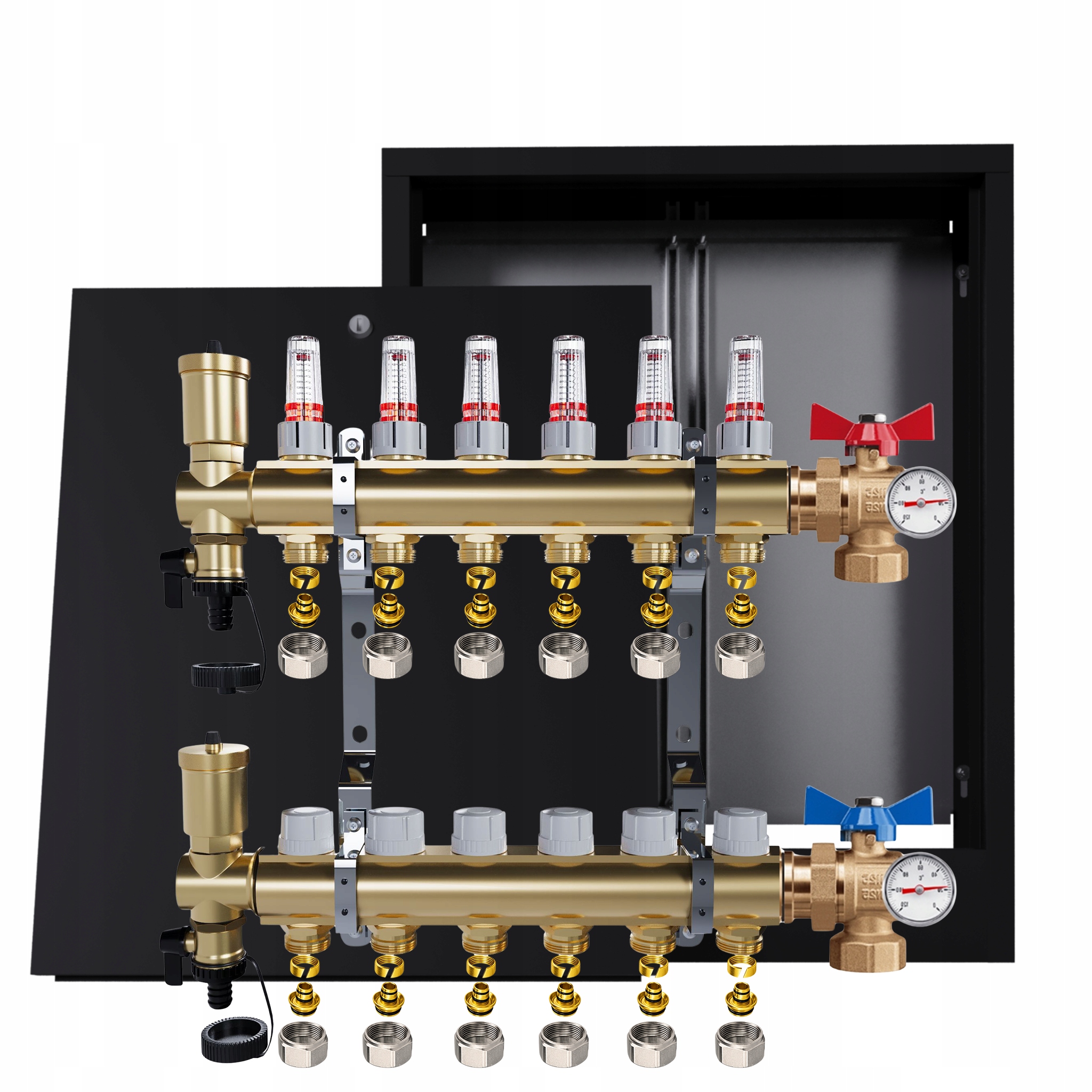 Rozdělovač Pro Podlahovku 6 Okruhů Ventily Teploměr Skříňka Pex