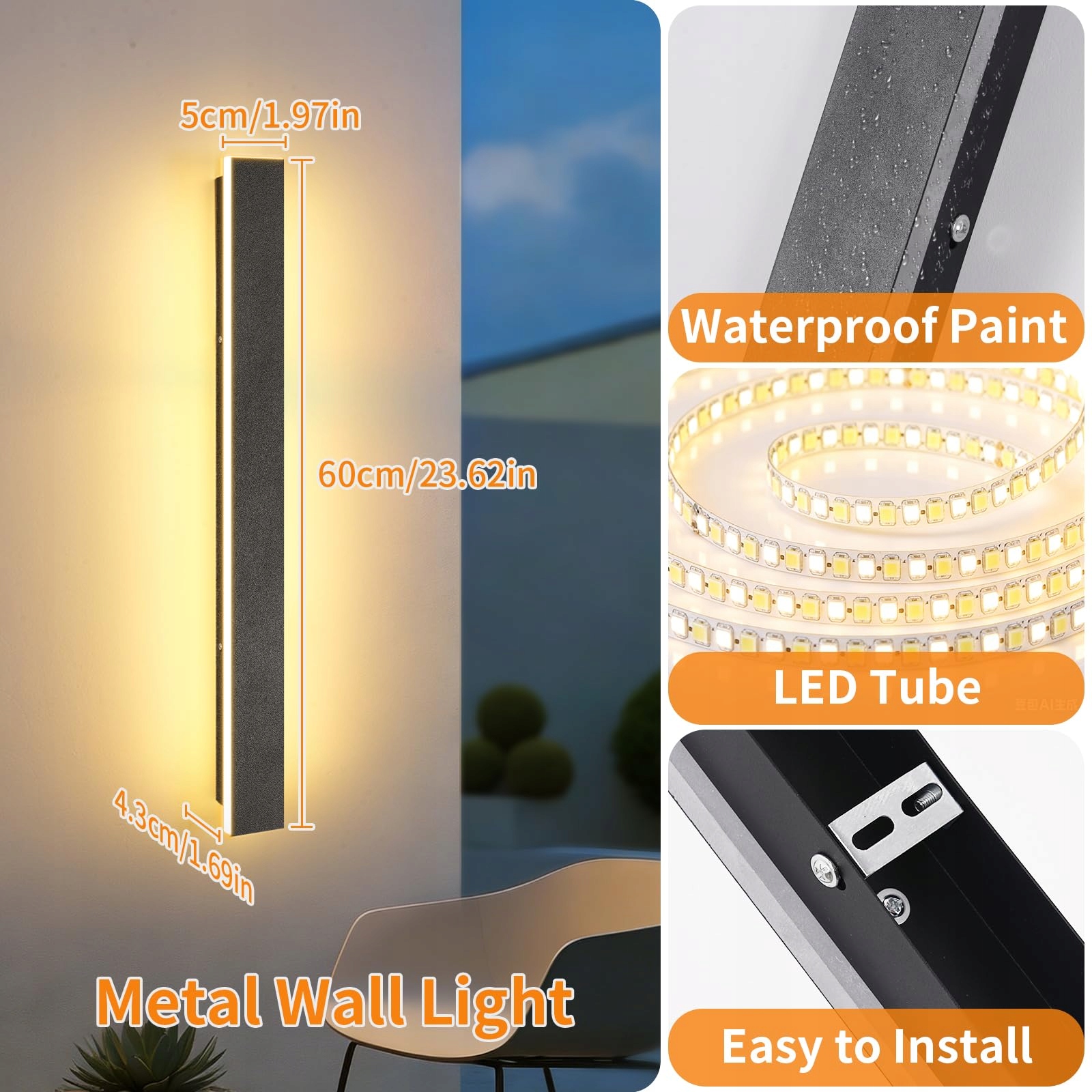 KETOM Nowoczesna Czarna Lampa Ścienna LED IP65 do Ogrodu i Wnętrz 60CM — miniatura 5