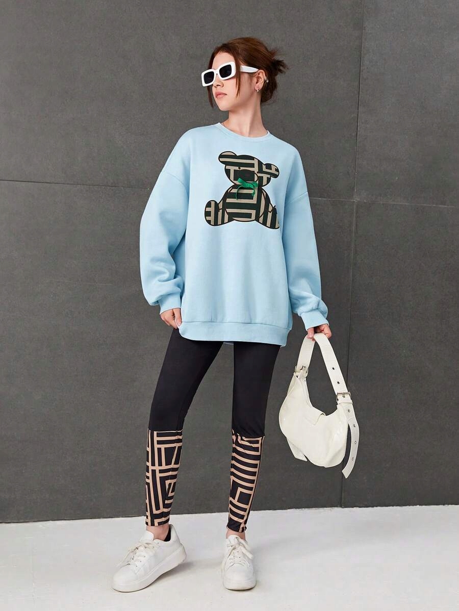 Komplet Dziewczęcy Casual Bluza Ocieplana Z Nadrukiem Legginsy Shein 164