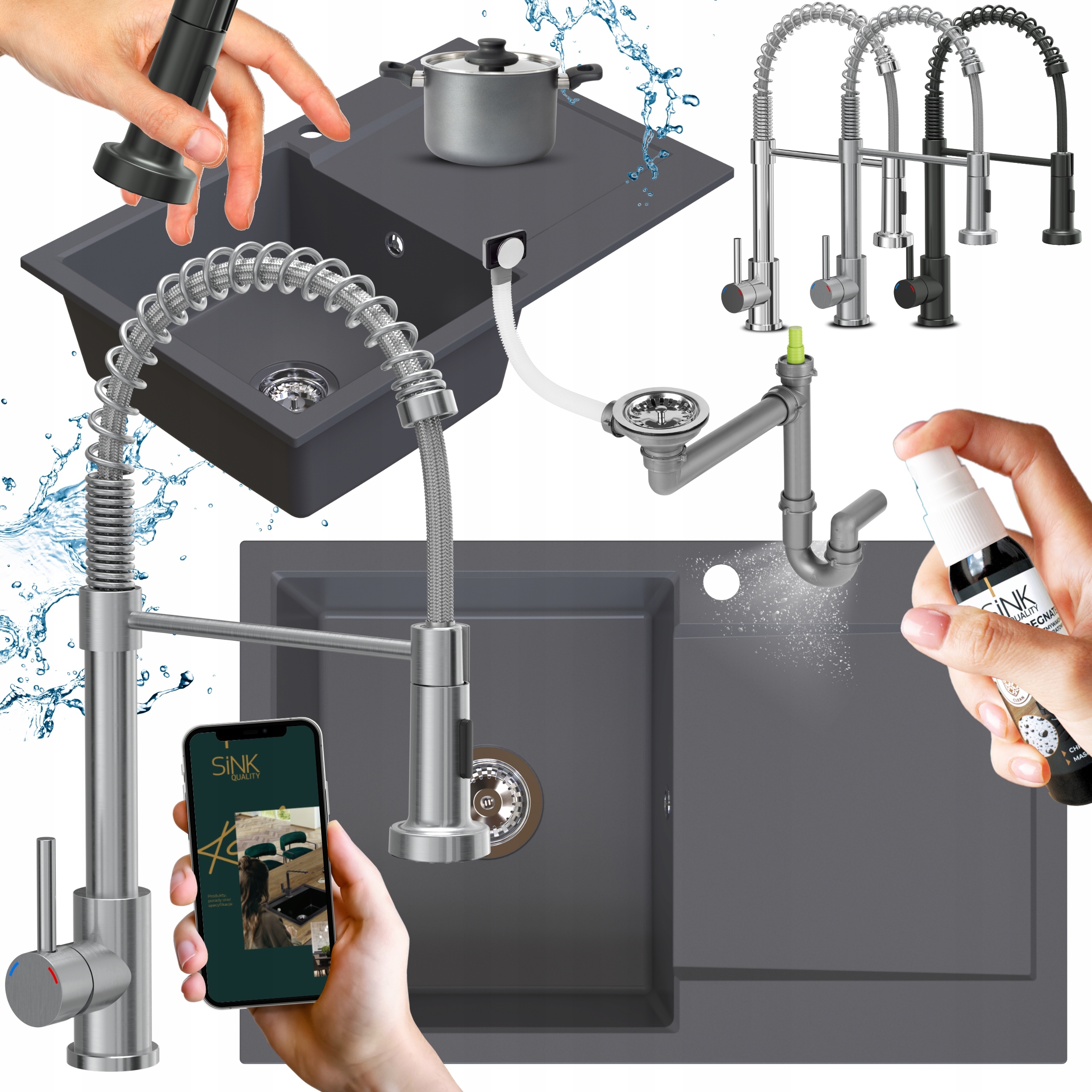 Granitový Jednokomorový Dřez, tmavě šedý, s odkapávačem, Baterií Sifon