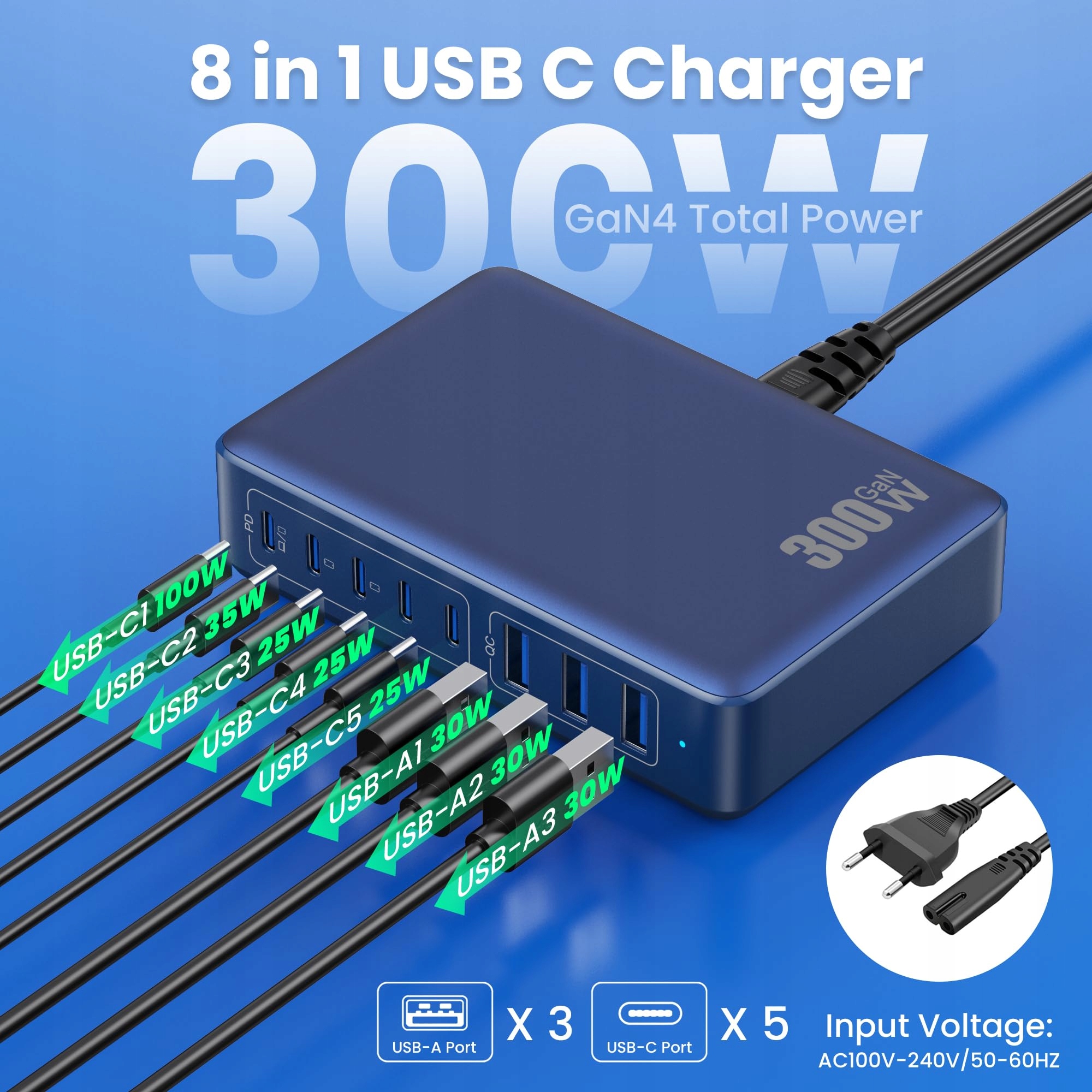 ŁADOWARKA USB C 300W 8 Portów Szybkie Ładowanie Do Laptopa iPhone — miniatura 5