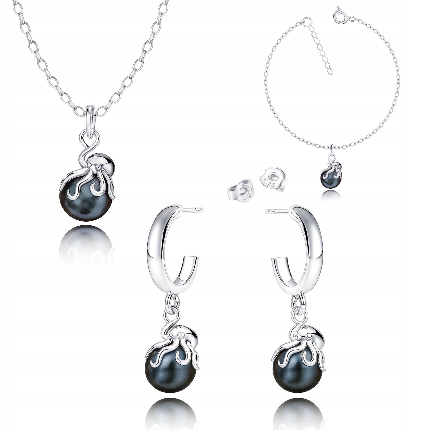 Chobotnice S Perlou Černé Perly Stříbrný komplet rolo oval stříbro 925