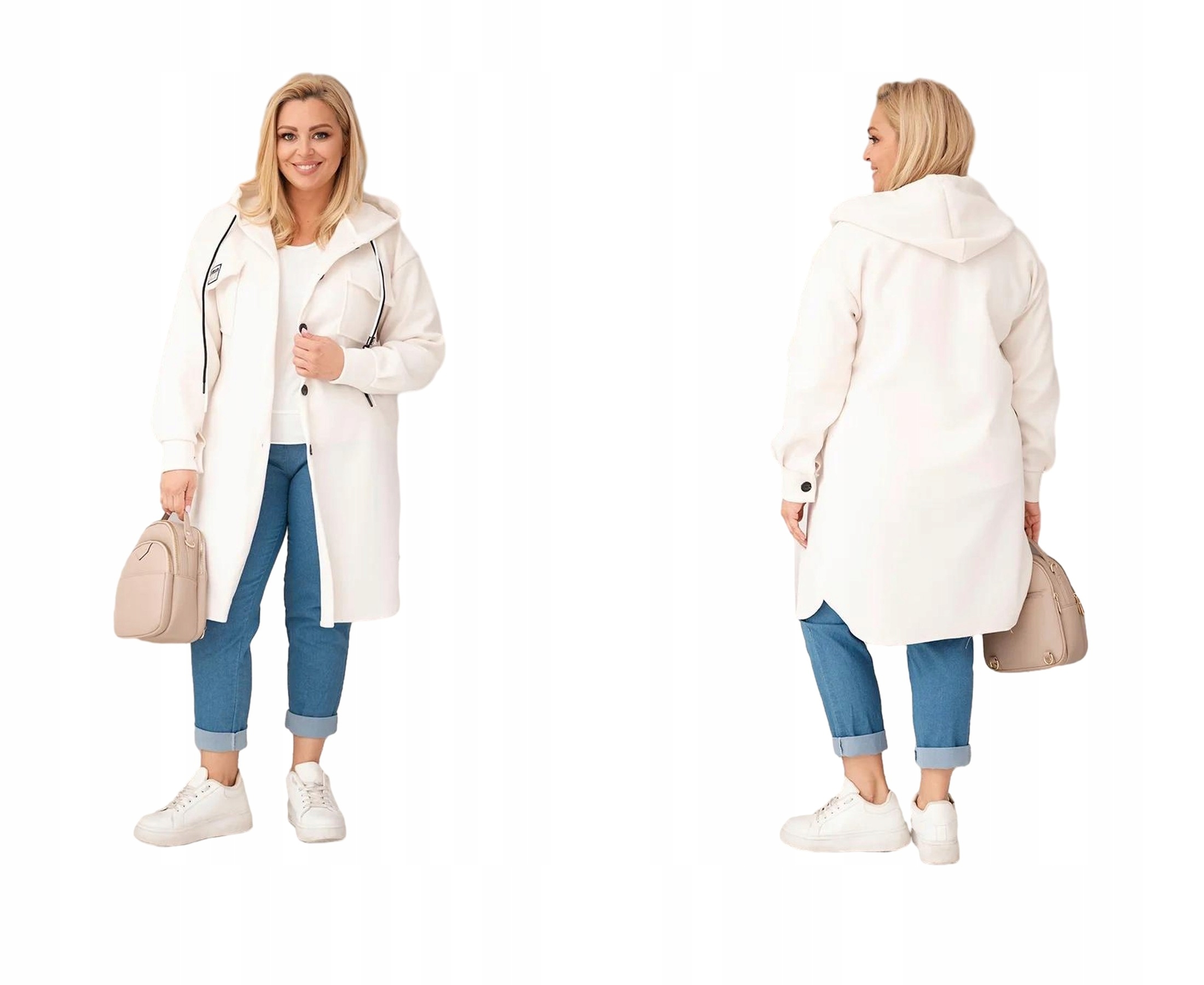 Světle béžový dámský kabát Plus Size s kapucí na knoflíky