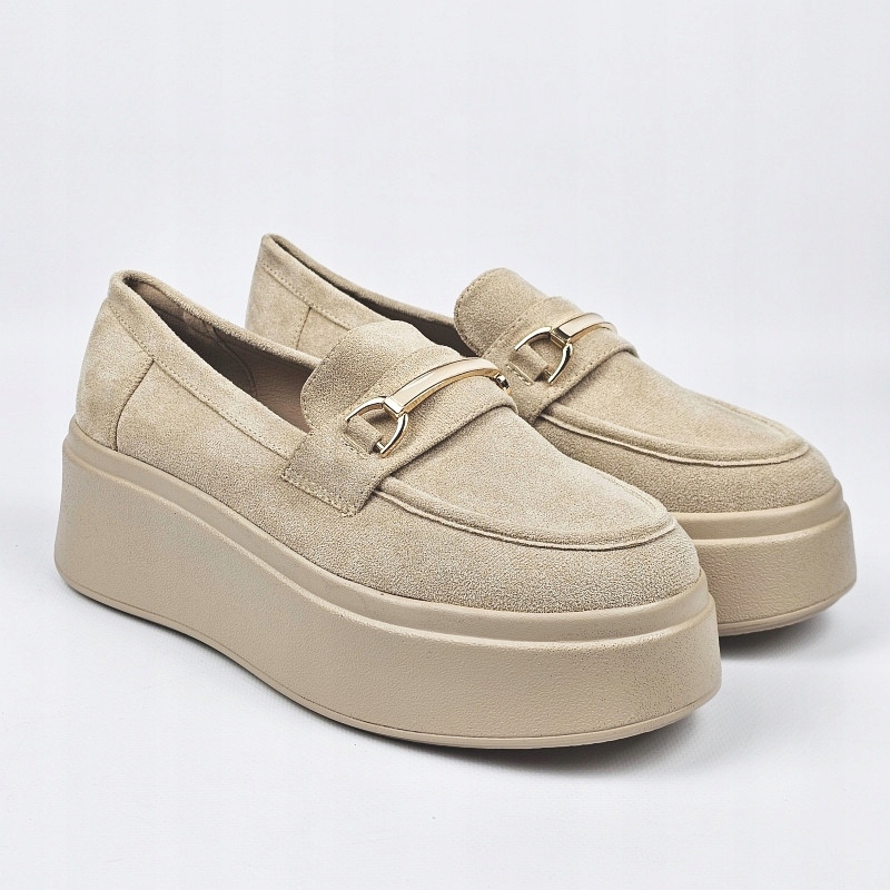 Dámské mokasíny béžové polobotky loafersy semišové na platformě kůže vel. 36