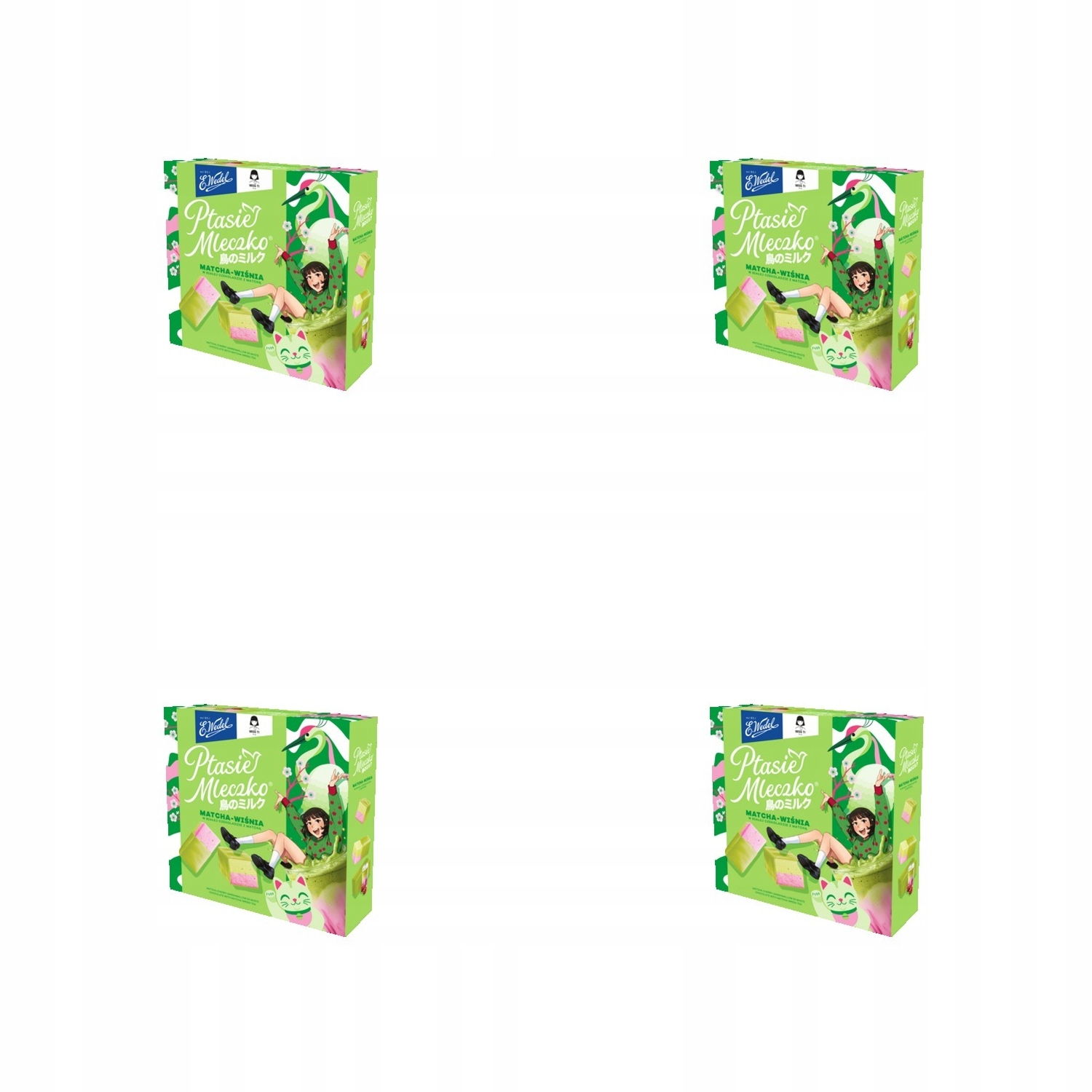 Levně 4 x 340 g Ptačího Pěnové Bonbóny matcha-višeň v bílé čokoládě s matchou