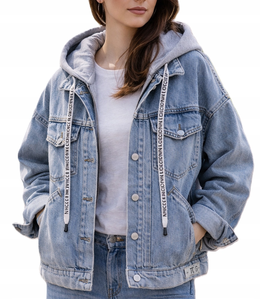 Kurtka damska jeansowa z kapturem oversize jasnoniebieska wiosenna jesienna