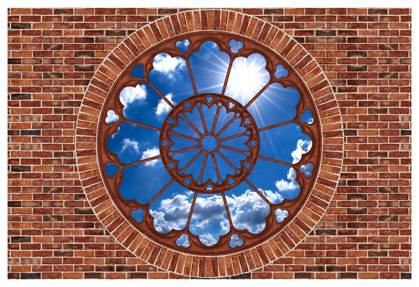 Fototapeta Cihlová zeď s oknem na oblohu a slunce 250x175 lepidlo