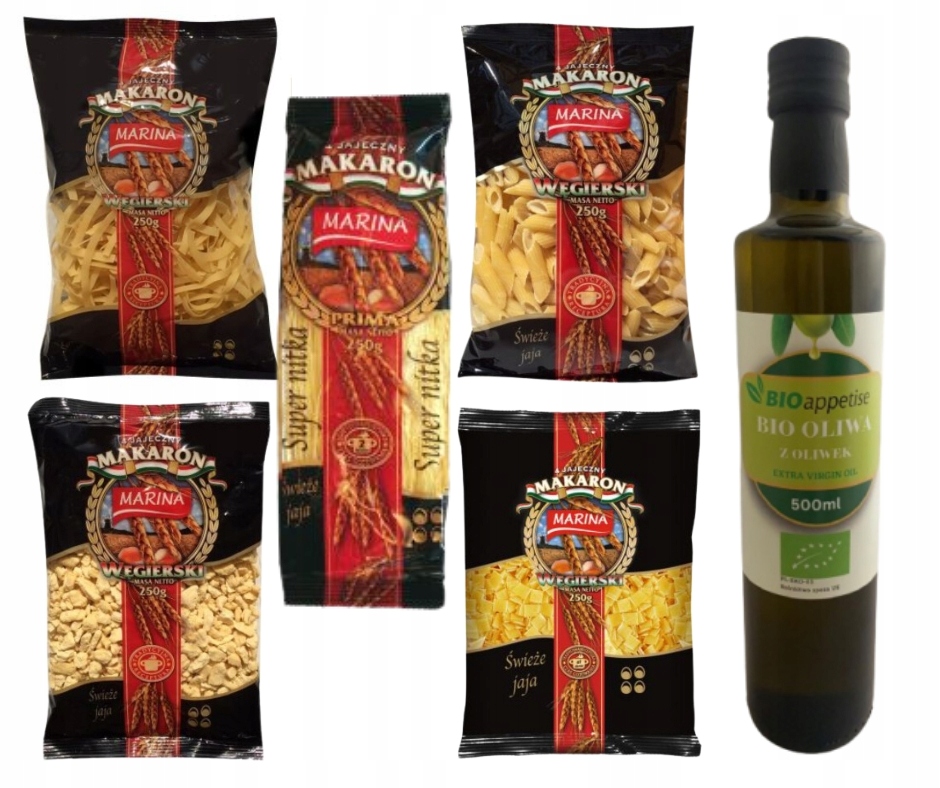 Levně Těstoviny nudličky, knedlíky, koupelna, penne, stuha Marina 5x250 g a olivový olej Bio